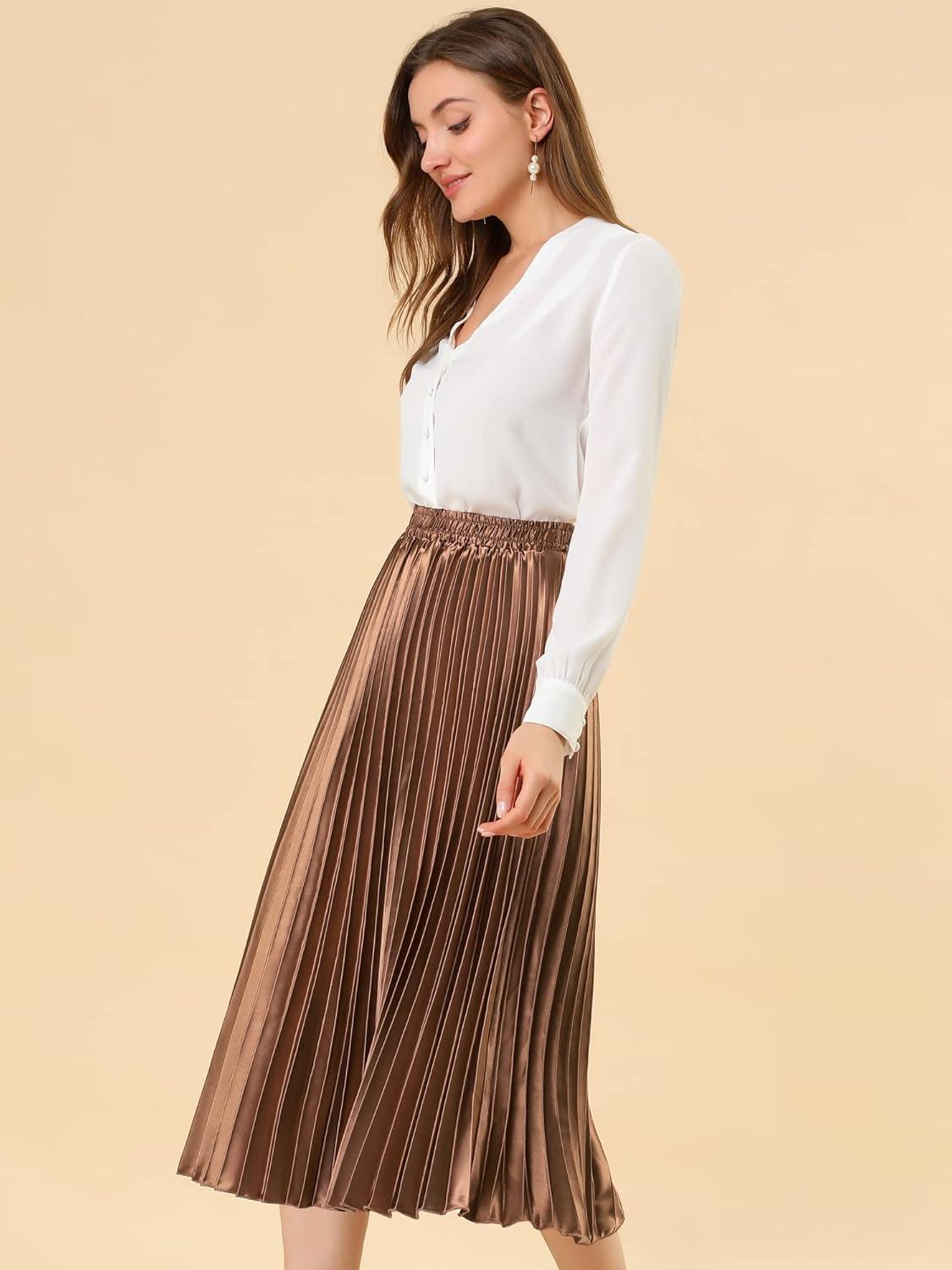 imageAllegra K Women Pleated Skirt Midi Length Elastic High Waisted A Line Metallic Shirring Party SkirtsBrown
