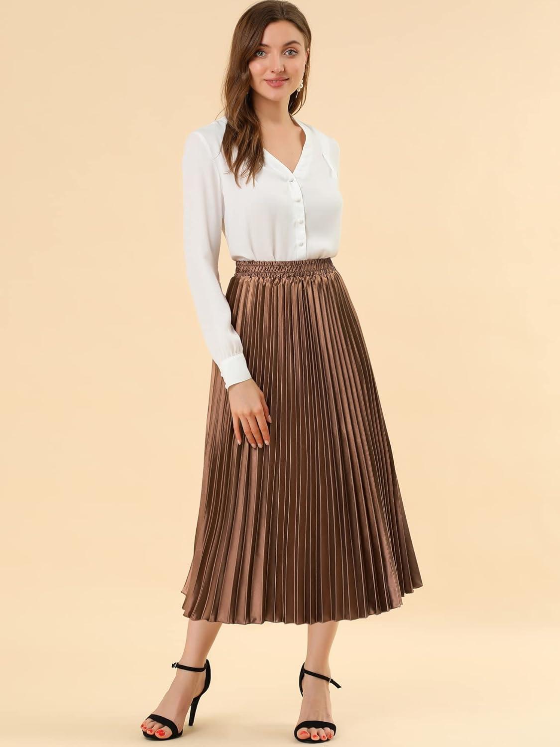 imageAllegra K Women Pleated Skirt Midi Length Elastic High Waisted A Line Metallic Shirring Party SkirtsBrown