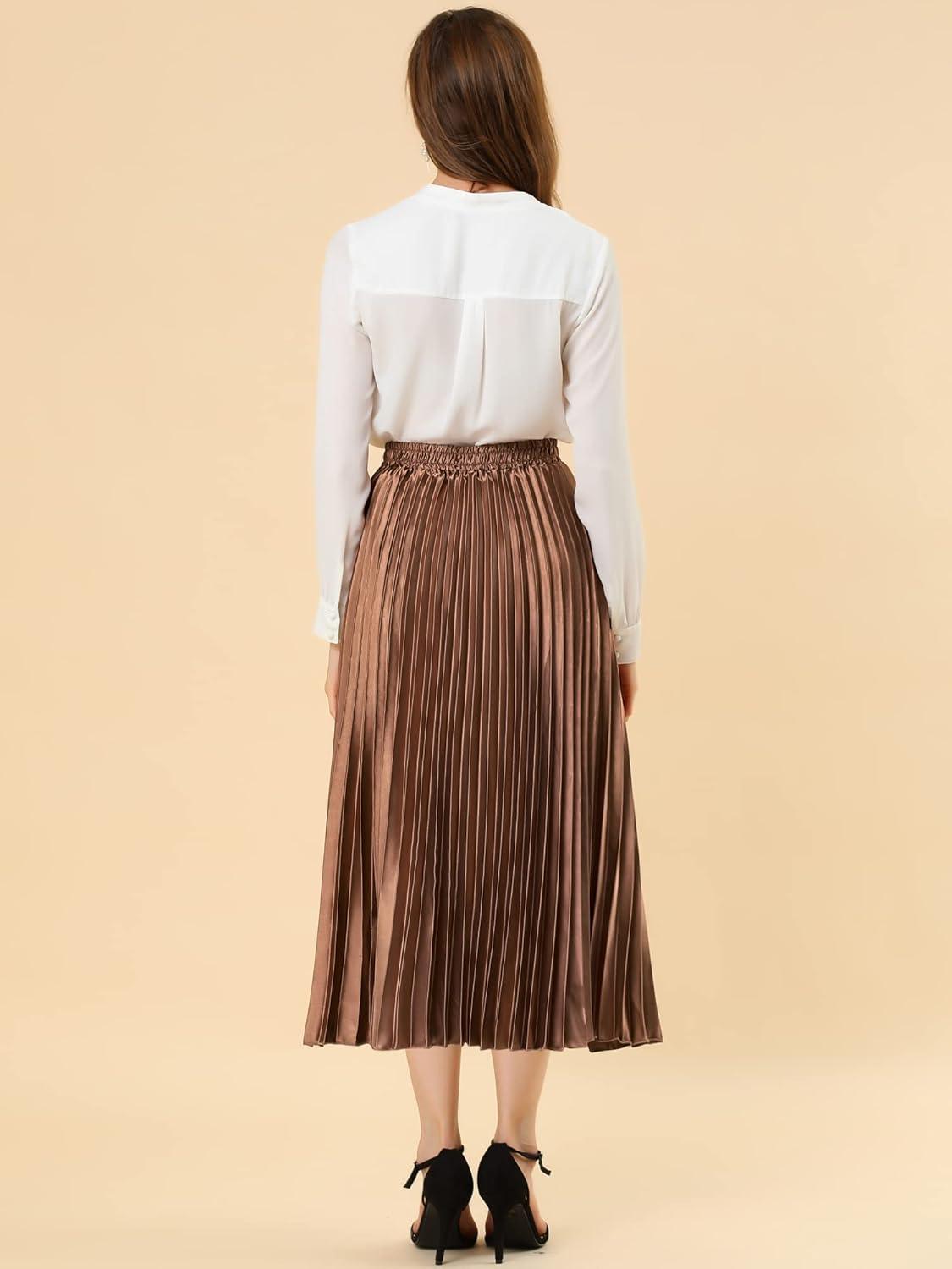 imageAllegra K Women Pleated Skirt Midi Length Elastic High Waisted A Line Metallic Shirring Party SkirtsBrown