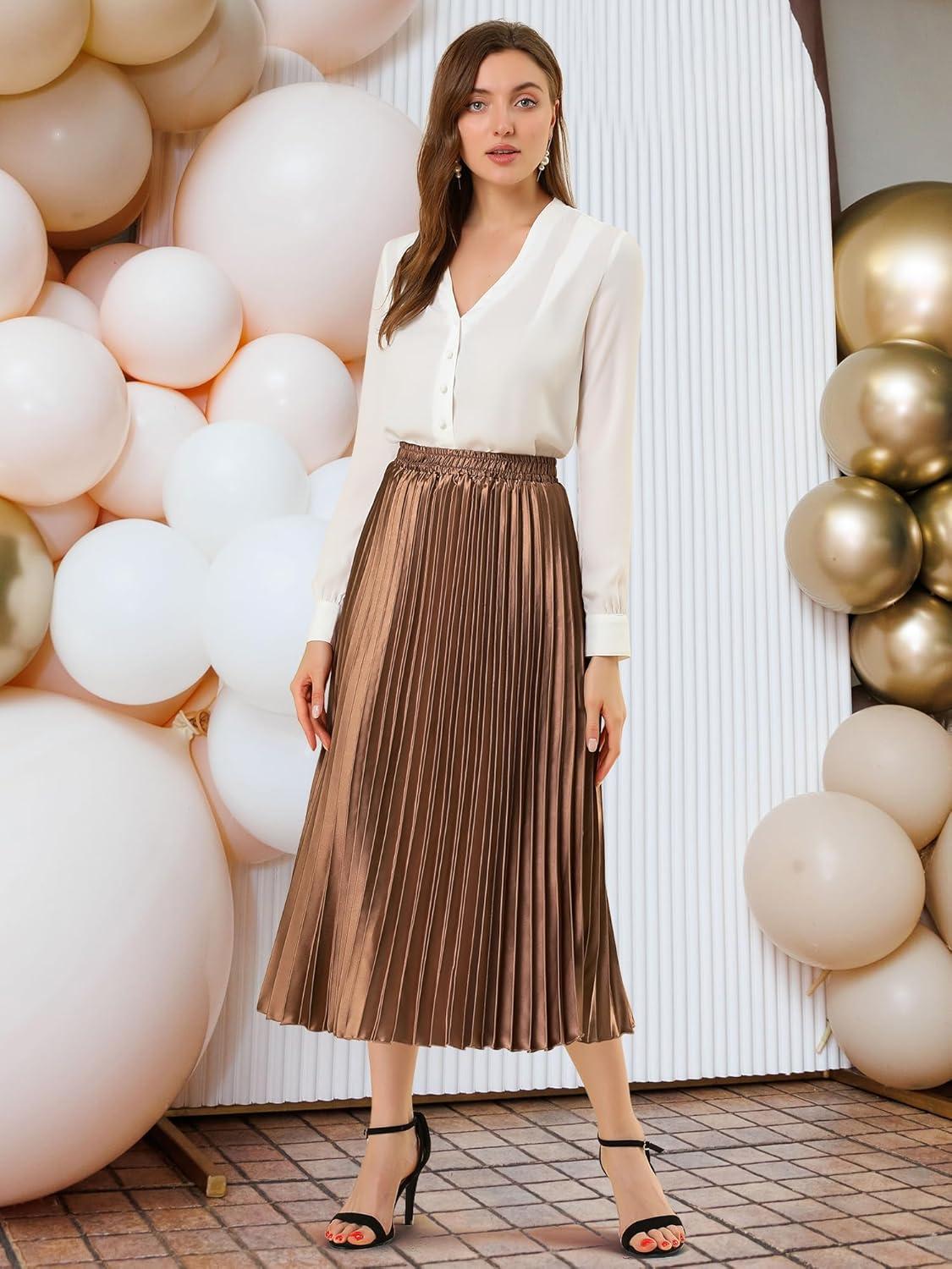 imageAllegra K Women Pleated Skirt Midi Length Elastic High Waisted A Line Metallic Shirring Party SkirtsBrown