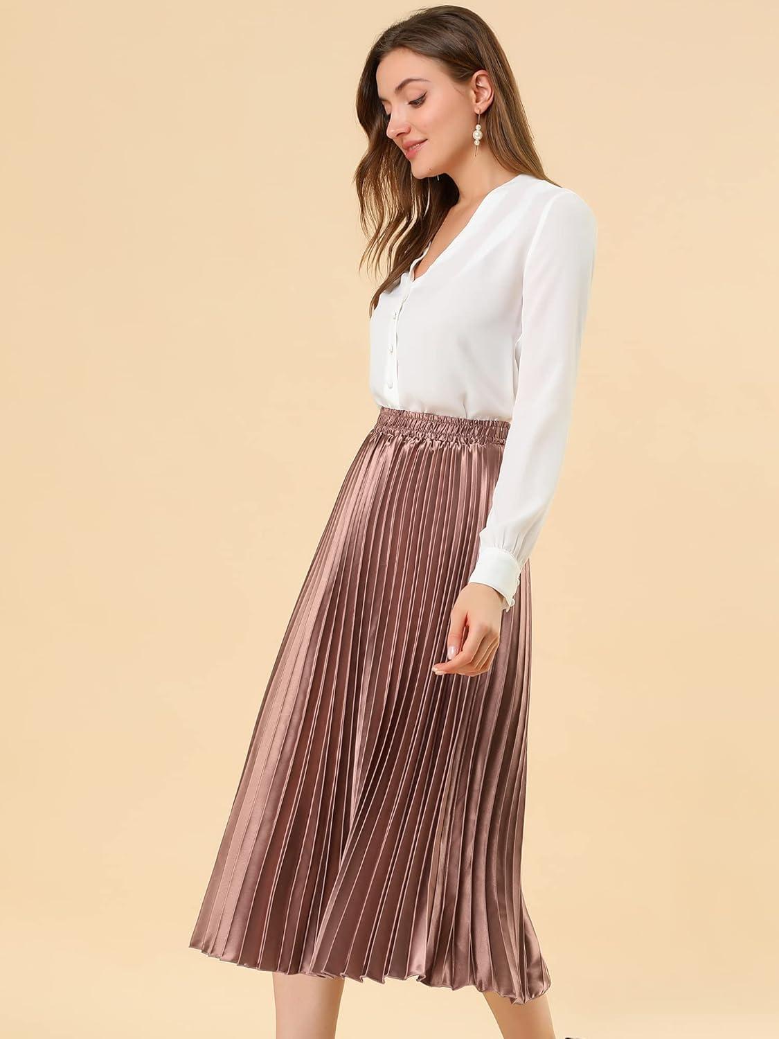 imageAllegra K Women Pleated Skirt Midi Length Elastic High Waisted A Line Metallic Shirring Party SkirtsCopper