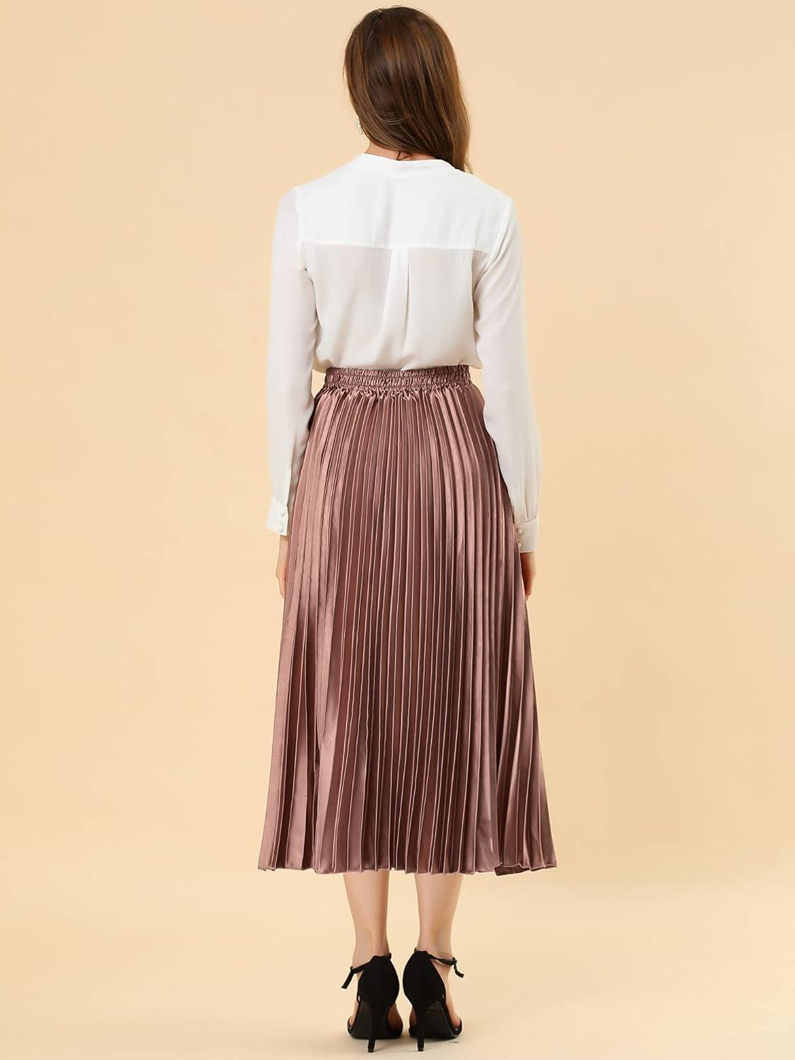 imageAllegra K Women Pleated Skirt Midi Length Elastic High Waisted A Line Metallic Shirring Party SkirtsCopper