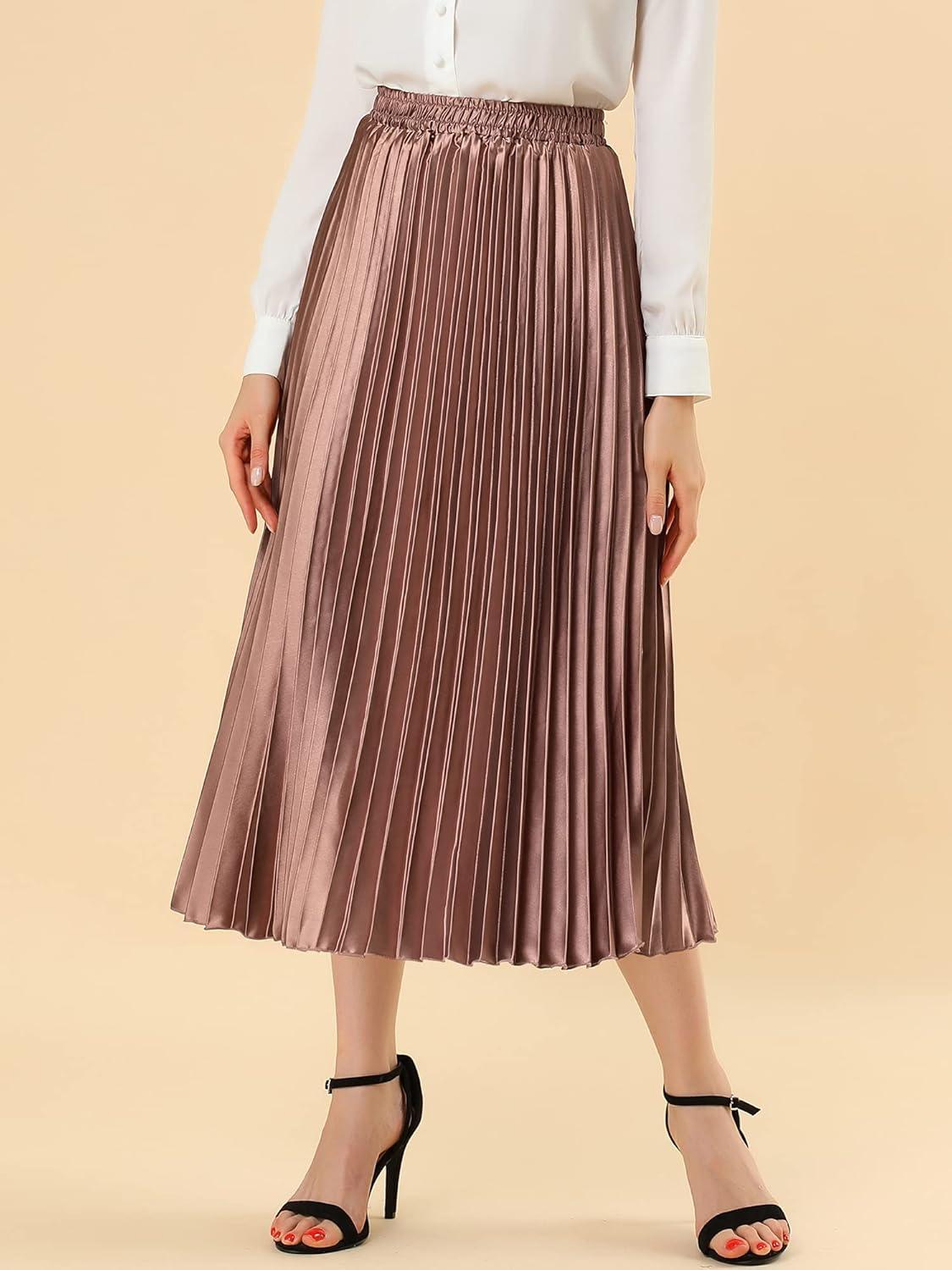 imageAllegra K Women Pleated Skirt Midi Length Elastic High Waisted A Line Metallic Shirring Party SkirtsCopper