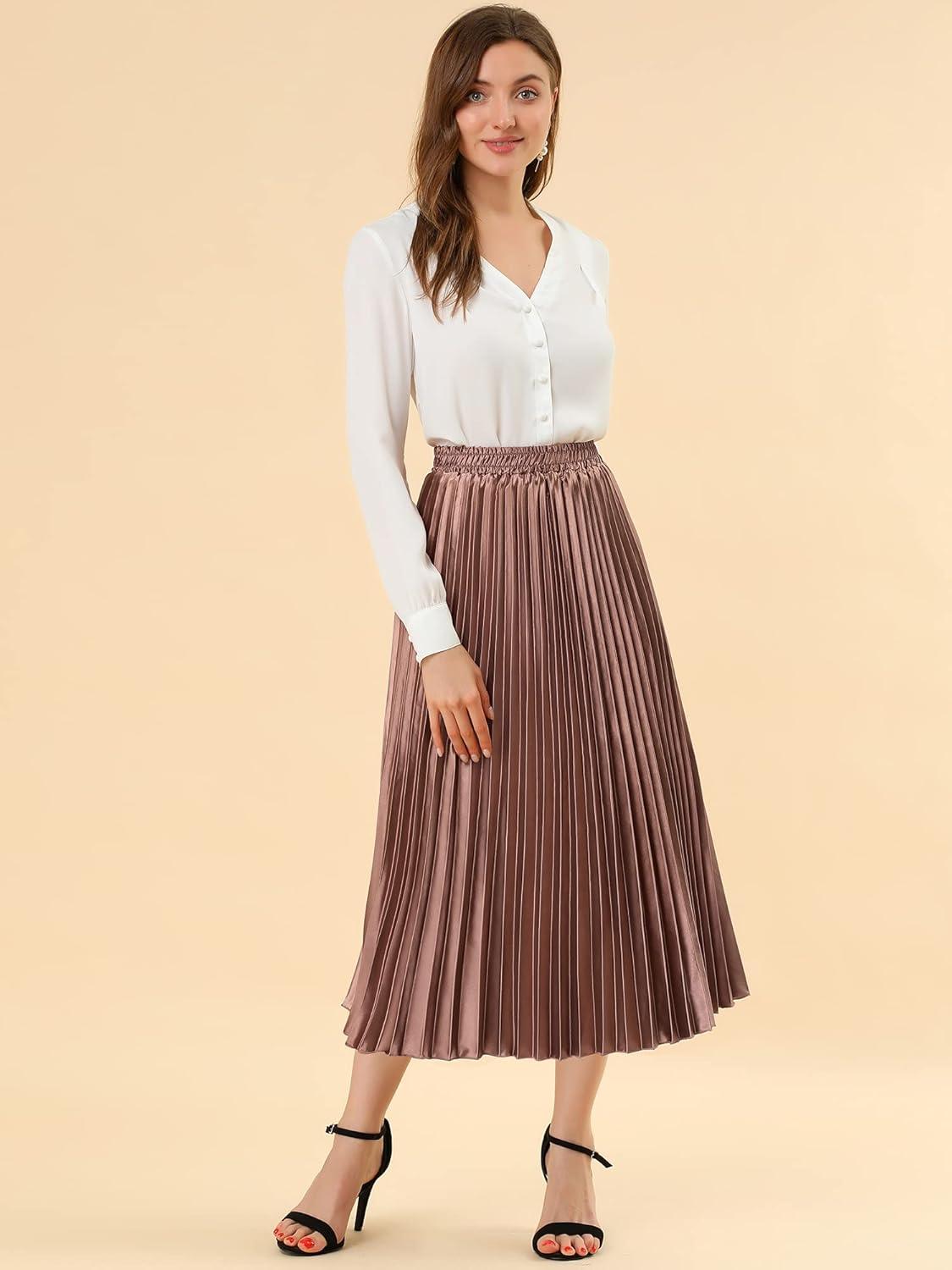 imageAllegra K Women Pleated Skirt Midi Length Elastic High Waisted A Line Metallic Shirring Party SkirtsCopper