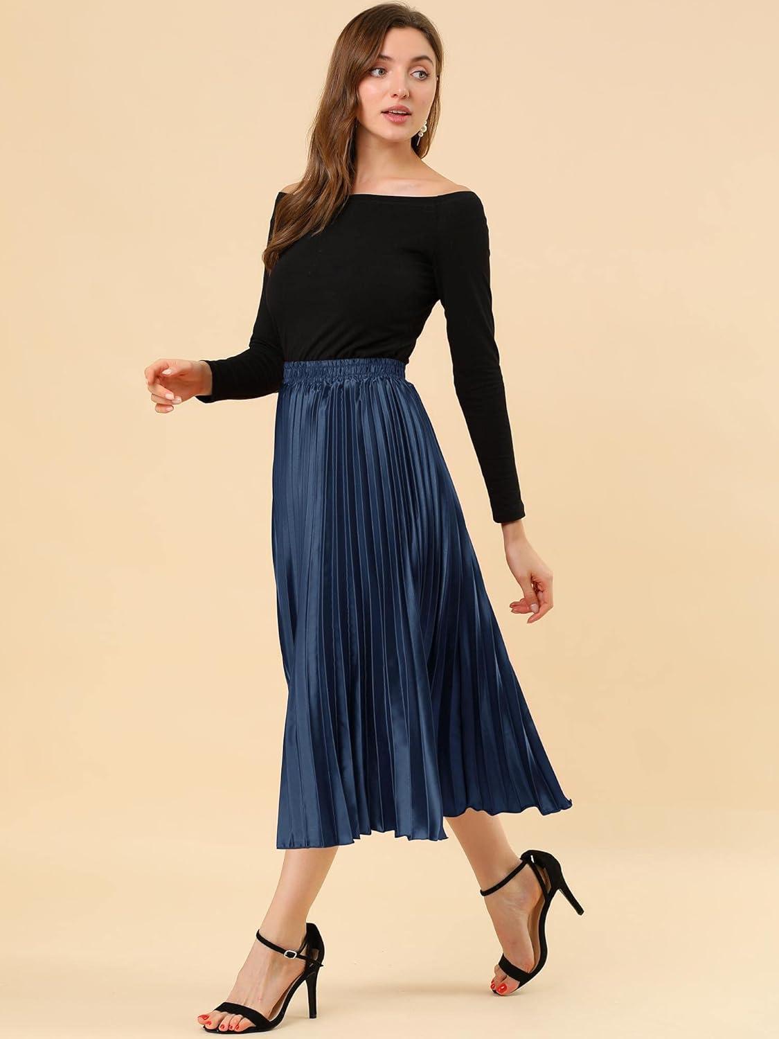 imageAllegra K Women Pleated Skirt Midi Length Elastic High Waisted A Line Metallic Shirring Party SkirtsDark Blue