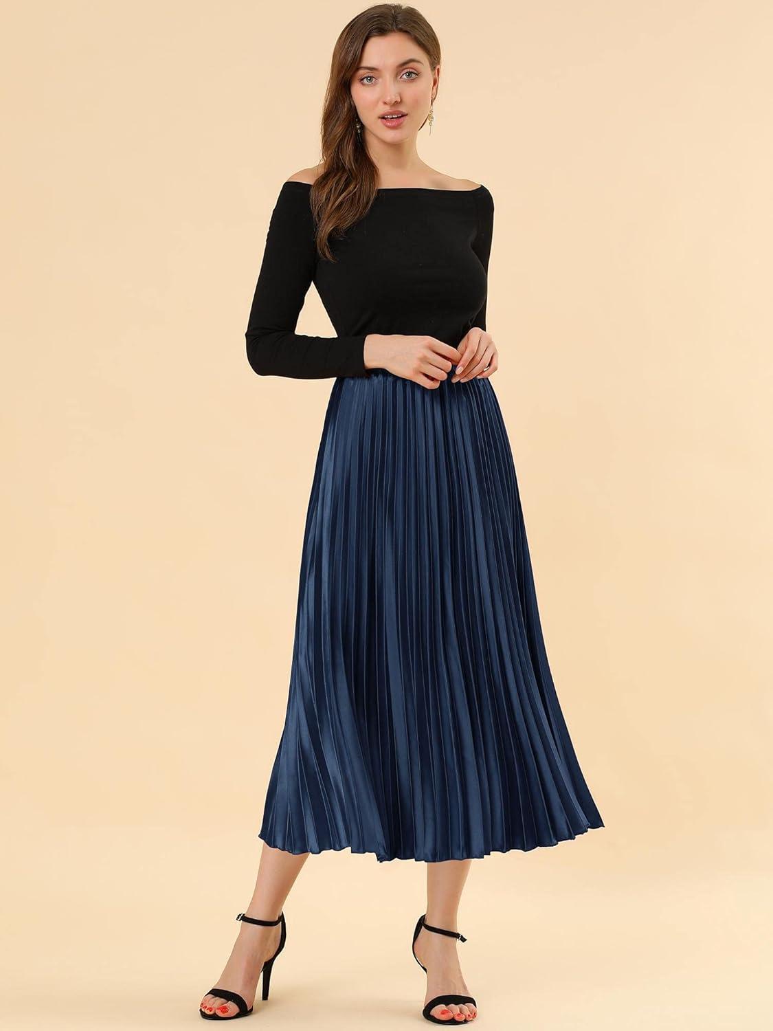 imageAllegra K Women Pleated Skirt Midi Length Elastic High Waisted A Line Metallic Shirring Party SkirtsDark Blue