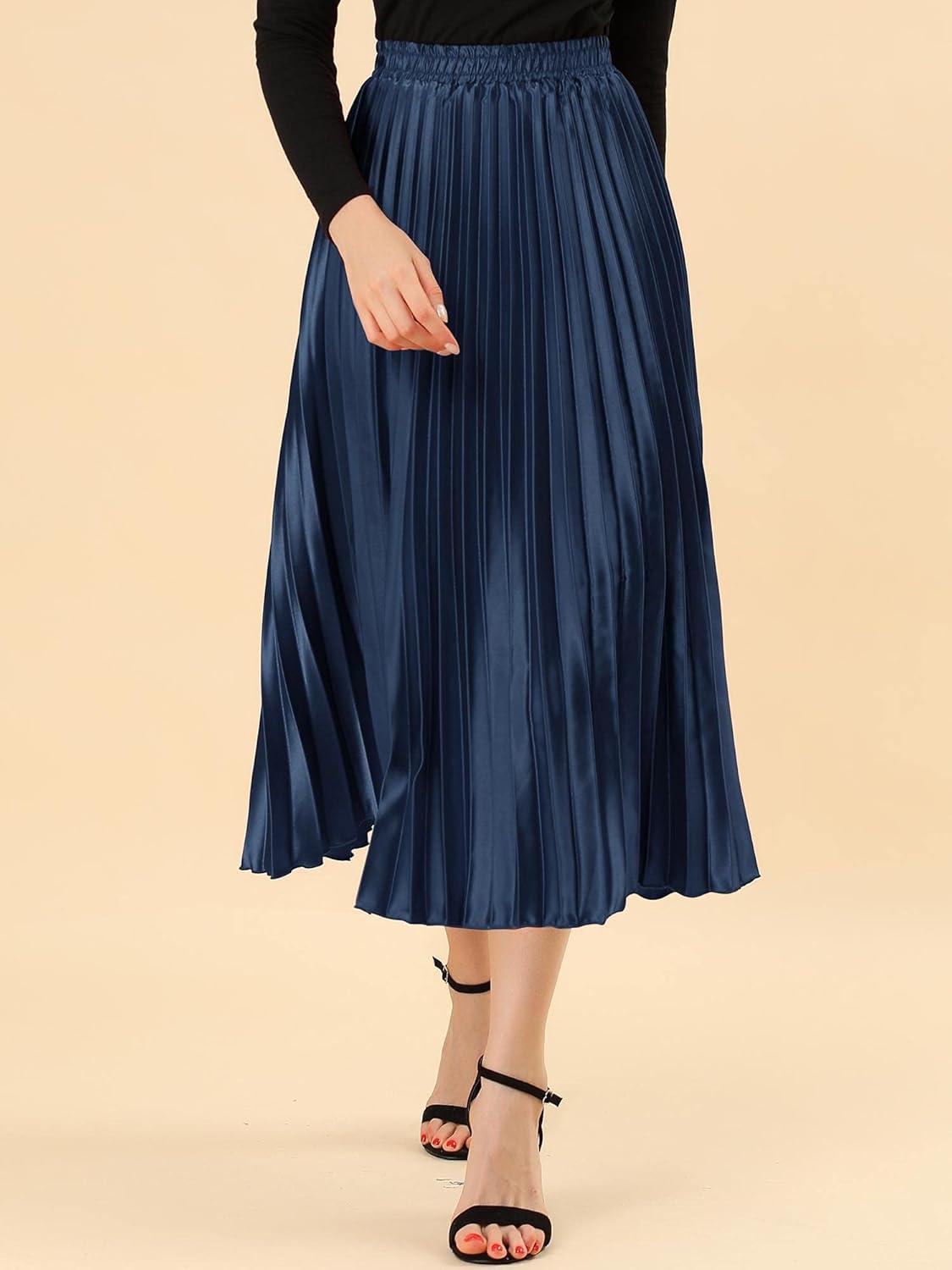 imageAllegra K Women Pleated Skirt Midi Length Elastic High Waisted A Line Metallic Shirring Party SkirtsDark Blue