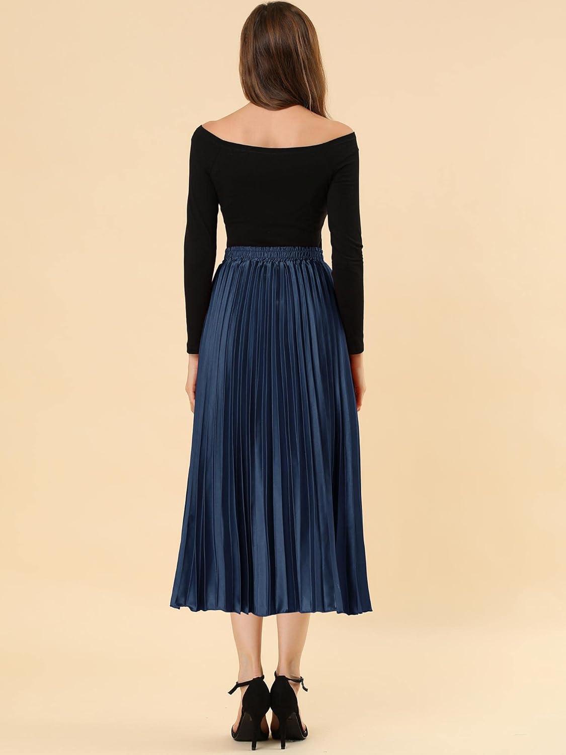 imageAllegra K Women Pleated Skirt Midi Length Elastic High Waisted A Line Metallic Shirring Party SkirtsDark Blue