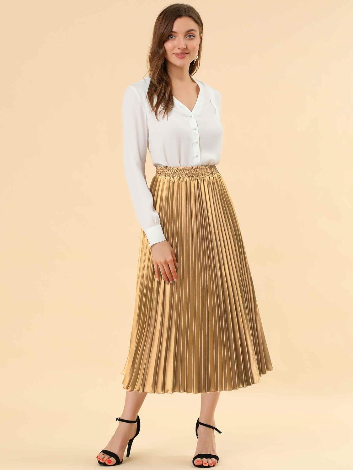 imageAllegra K Women Pleated Skirt Midi Length Elastic High Waisted A Line Metallic Shirring Party SkirtsGold