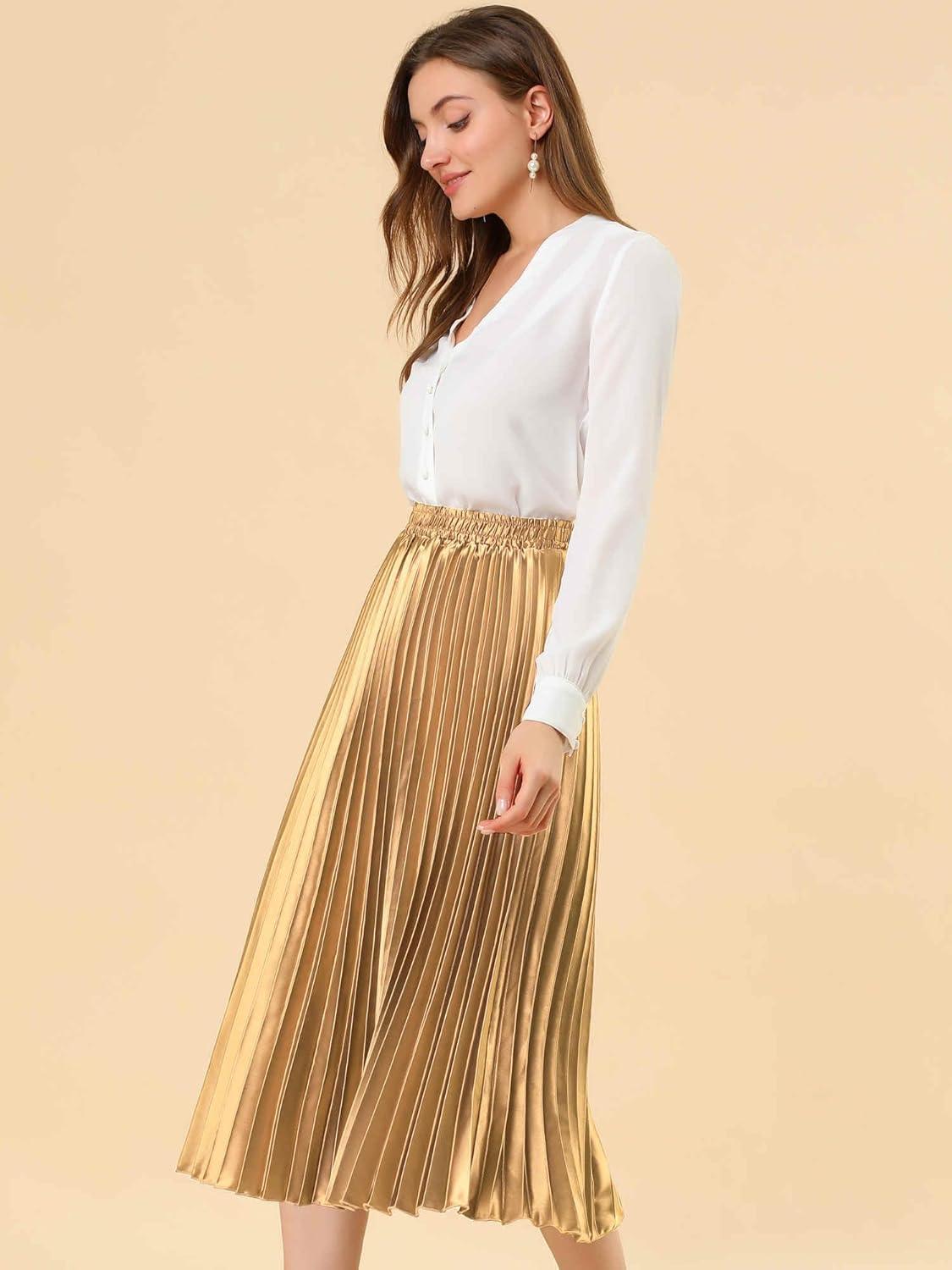 imageAllegra K Women Pleated Skirt Midi Length Elastic High Waisted A Line Metallic Shirring Party SkirtsGold
