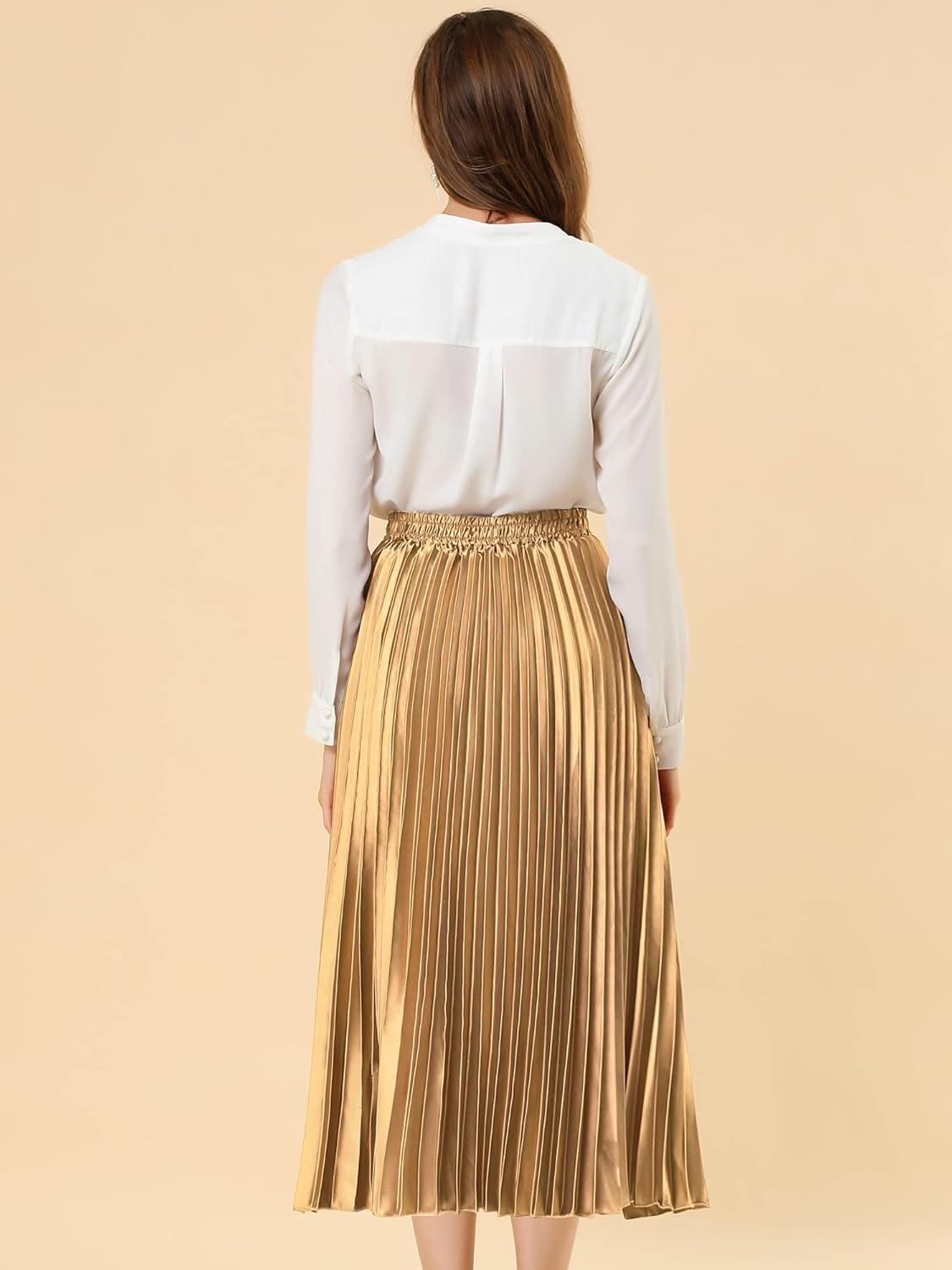 imageAllegra K Women Pleated Skirt Midi Length Elastic High Waisted A Line Metallic Shirring Party SkirtsGold