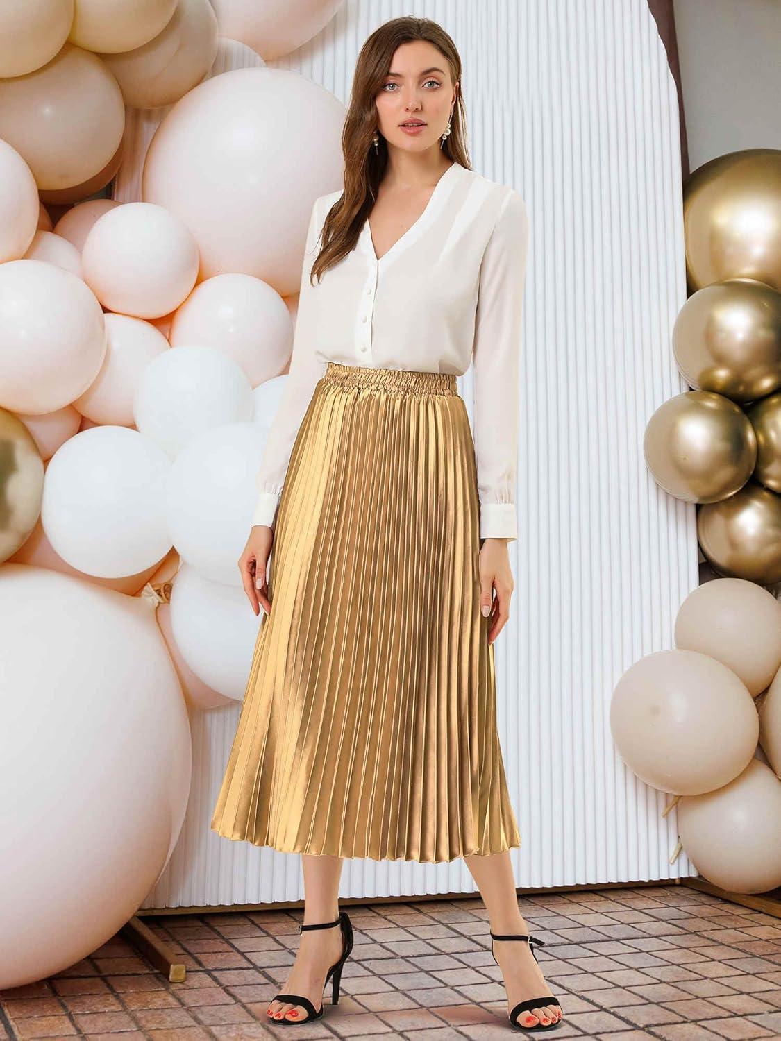 imageAllegra K Women Pleated Skirt Midi Length Elastic High Waisted A Line Metallic Shirring Party SkirtsGold