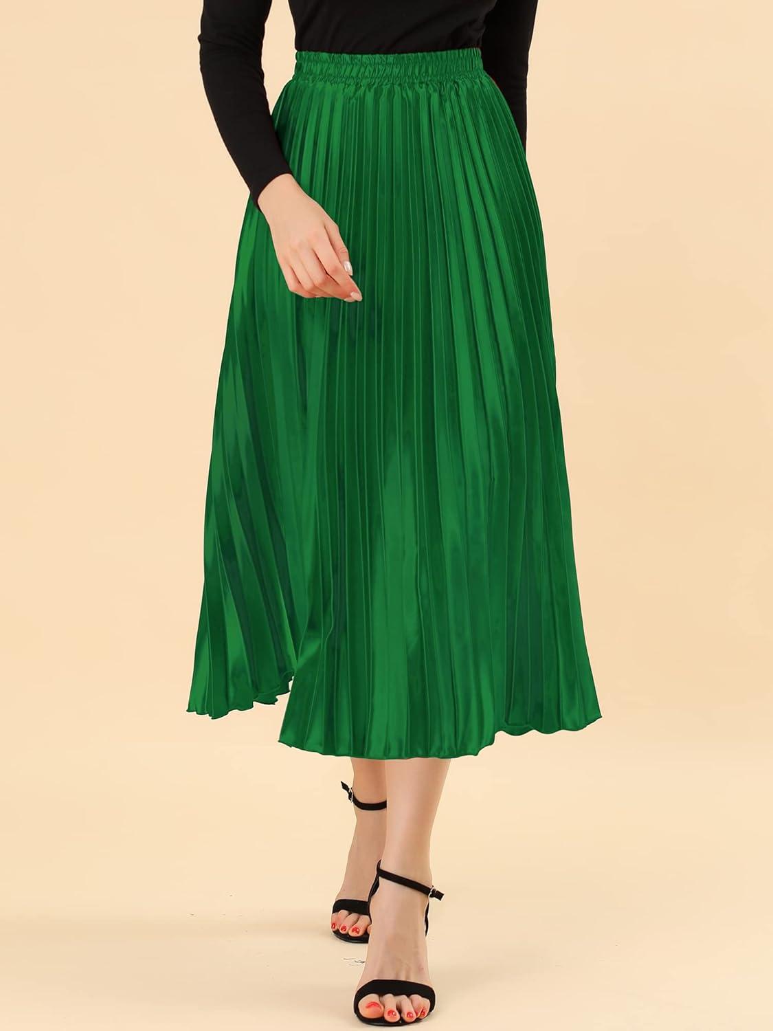 imageAllegra K Women Pleated Skirt Midi Length Elastic High Waisted A Line Metallic Shirring Party SkirtsGreen