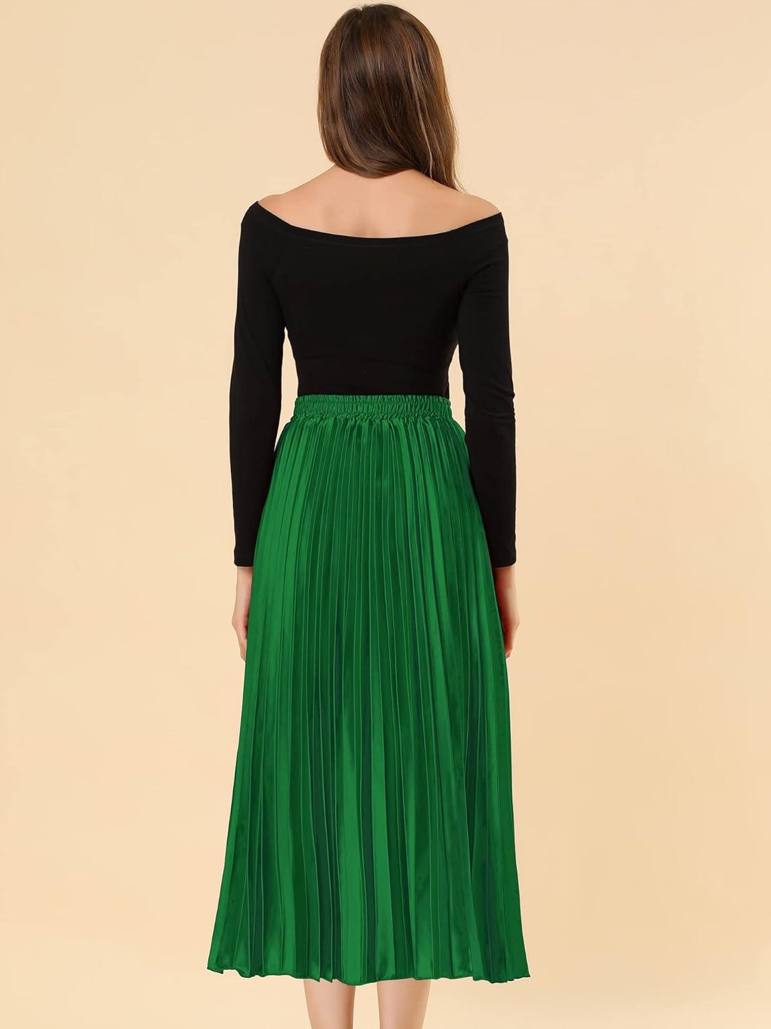 imageAllegra K Women Pleated Skirt Midi Length Elastic High Waisted A Line Metallic Shirring Party SkirtsGreen