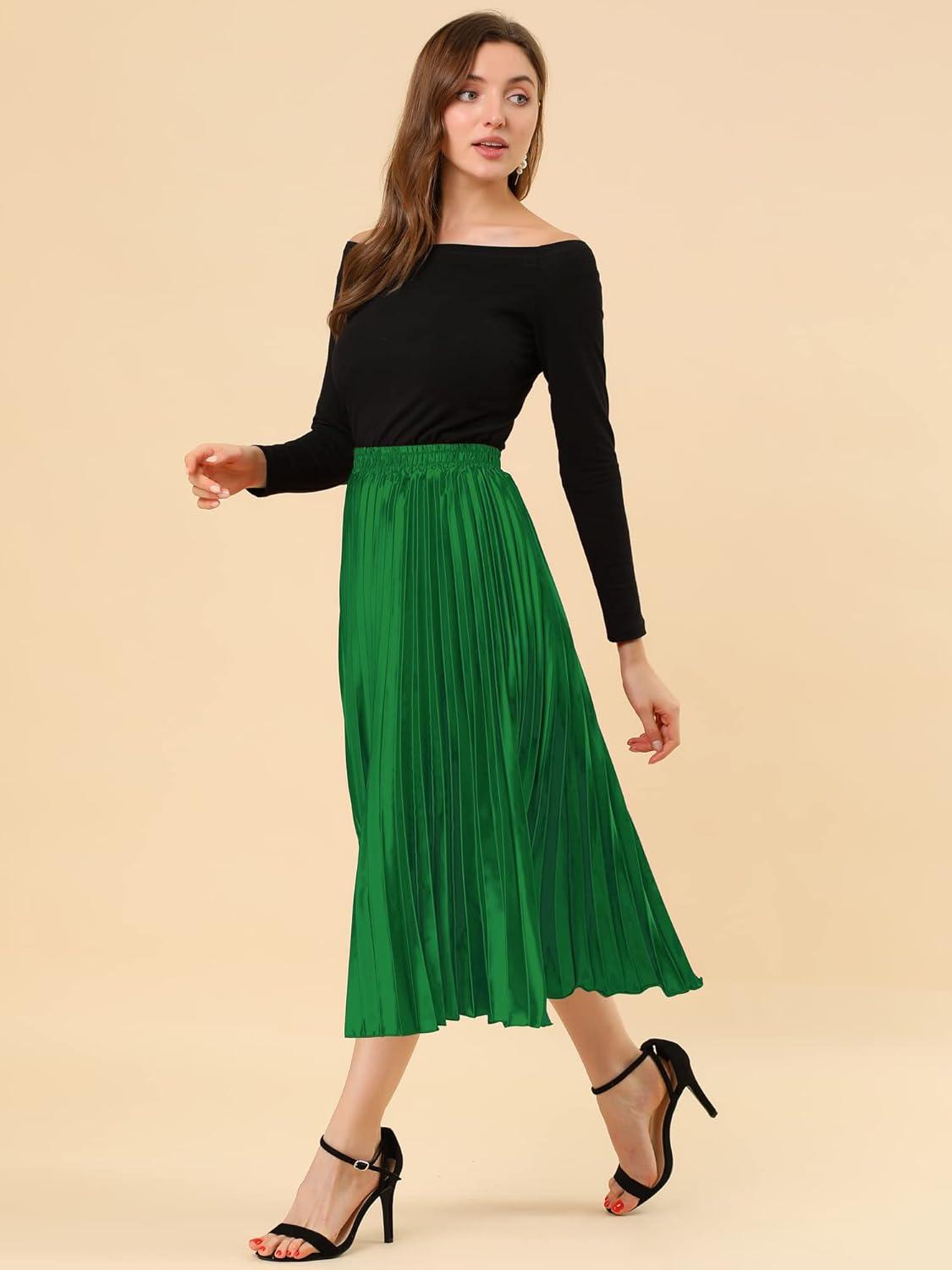 imageAllegra K Women Pleated Skirt Midi Length Elastic High Waisted A Line Metallic Shirring Party SkirtsGreen