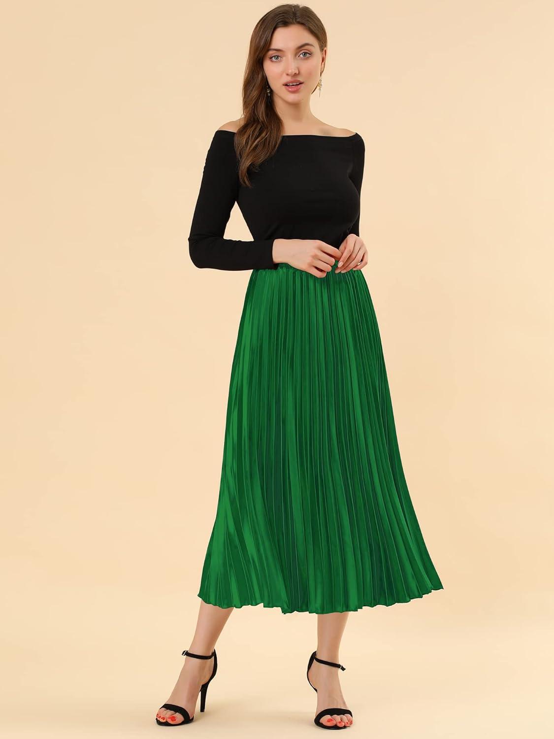 imageAllegra K Women Pleated Skirt Midi Length Elastic High Waisted A Line Metallic Shirring Party SkirtsGreen