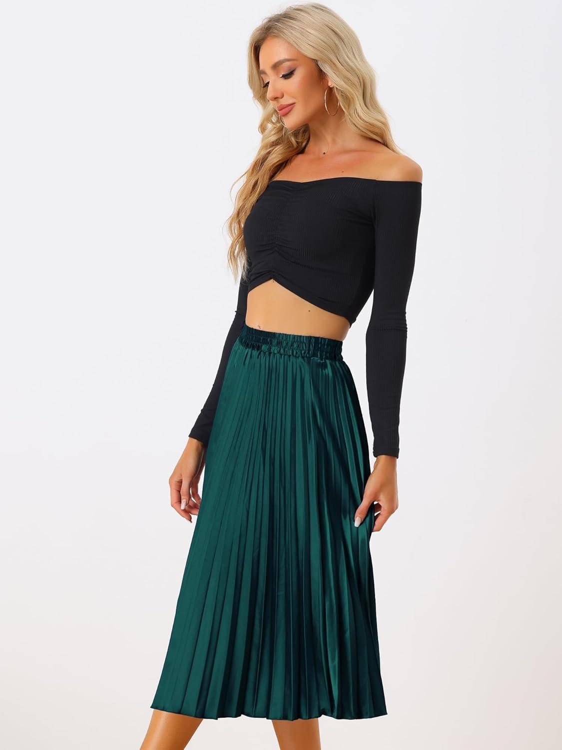 imageAllegra K Women Pleated Skirt Midi Length Elastic High Waisted A Line Metallic Shirring Party SkirtsGreens