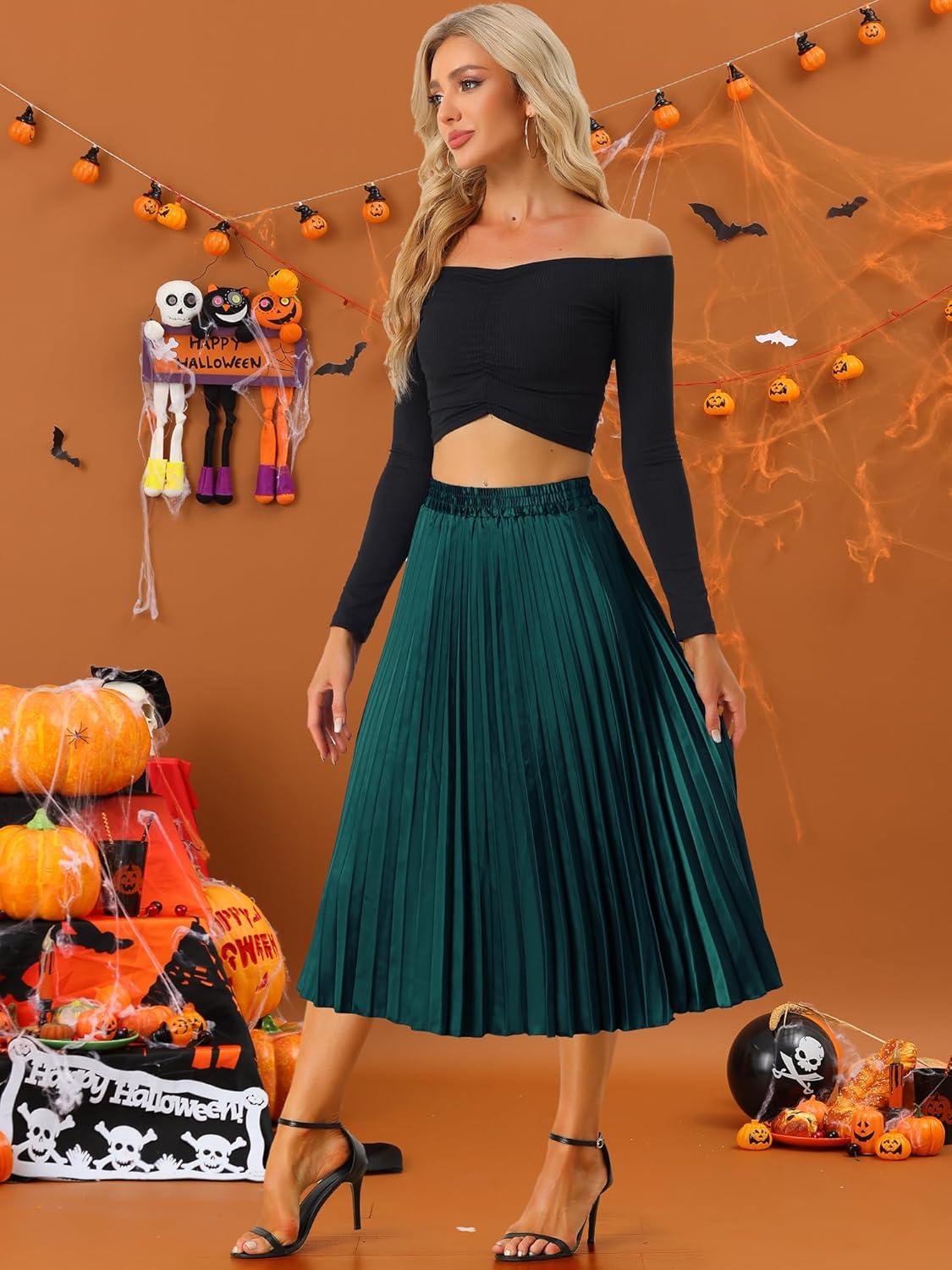 imageAllegra K Women Pleated Skirt Midi Length Elastic High Waisted A Line Metallic Shirring Party SkirtsGreens