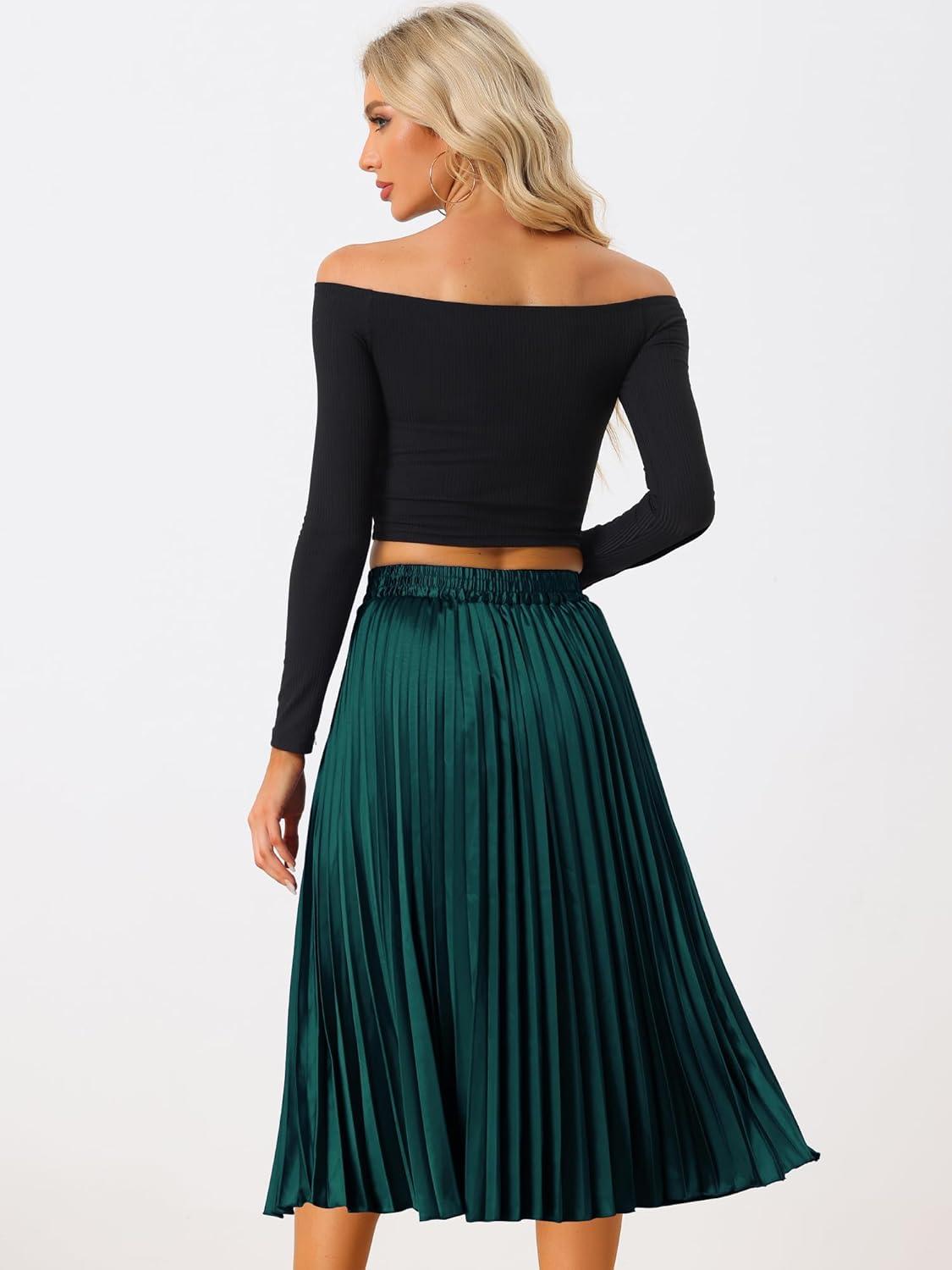imageAllegra K Women Pleated Skirt Midi Length Elastic High Waisted A Line Metallic Shirring Party SkirtsGreens