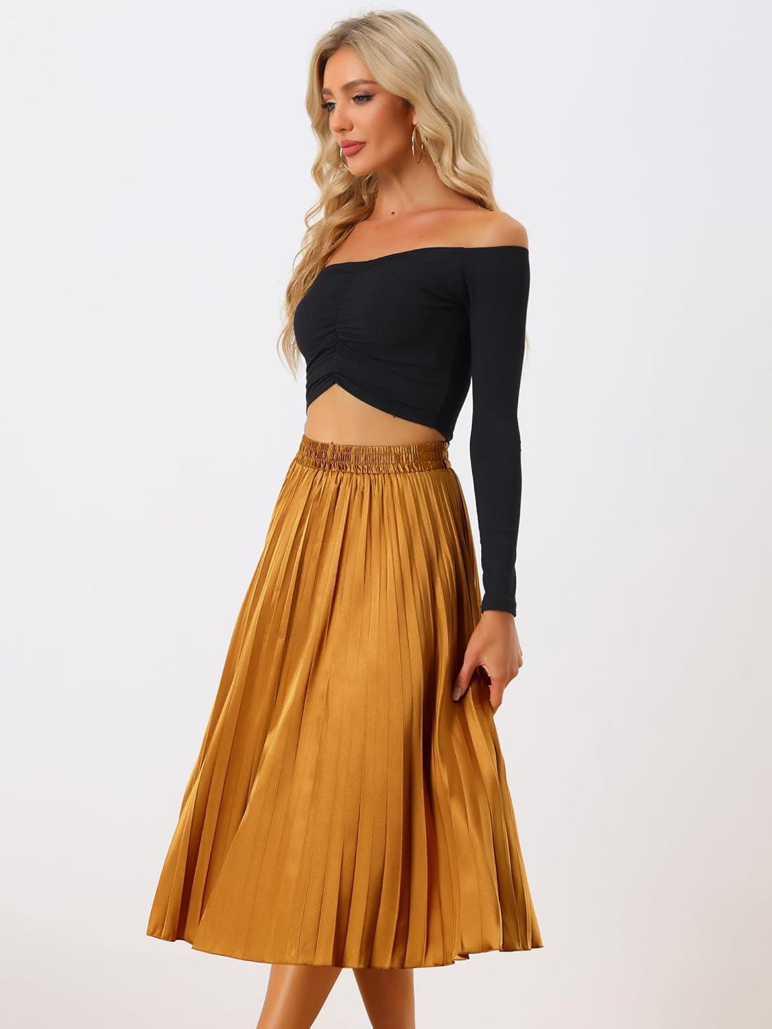 imageAllegra K Women Pleated Skirt Midi Length Elastic High Waisted A Line Metallic Shirring Party SkirtsOrange