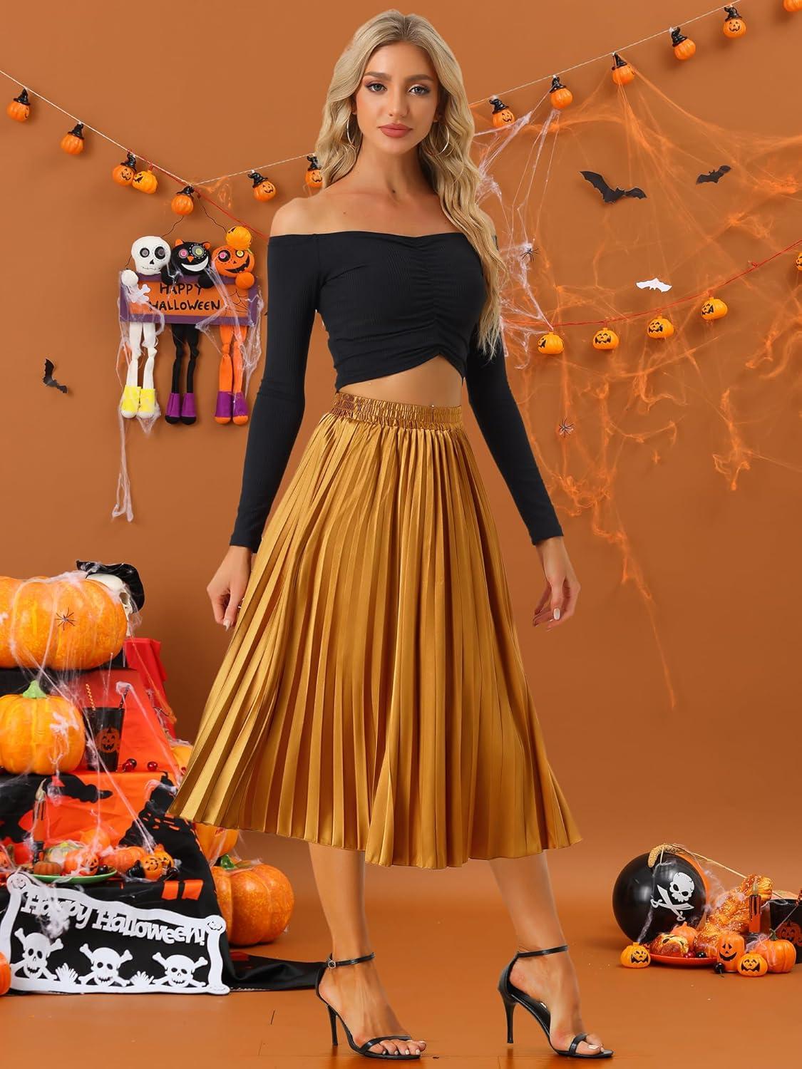 imageAllegra K Women Pleated Skirt Midi Length Elastic High Waisted A Line Metallic Shirring Party SkirtsOrange
