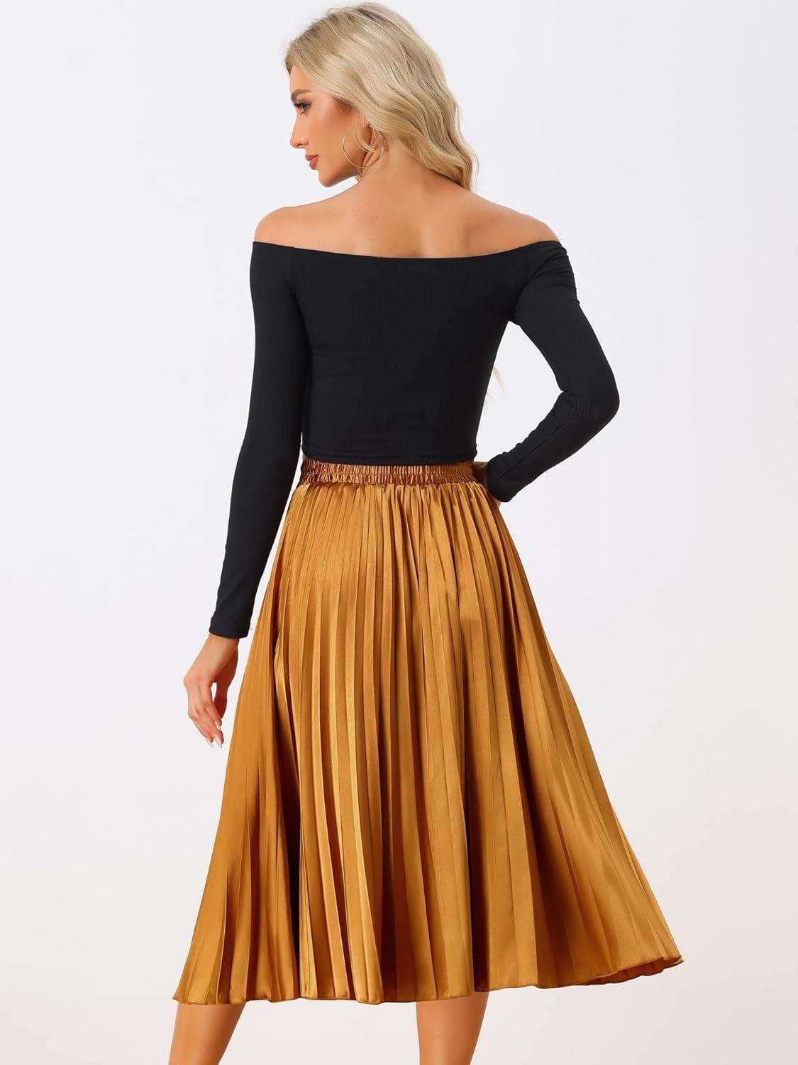 imageAllegra K Women Pleated Skirt Midi Length Elastic High Waisted A Line Metallic Shirring Party SkirtsOrange