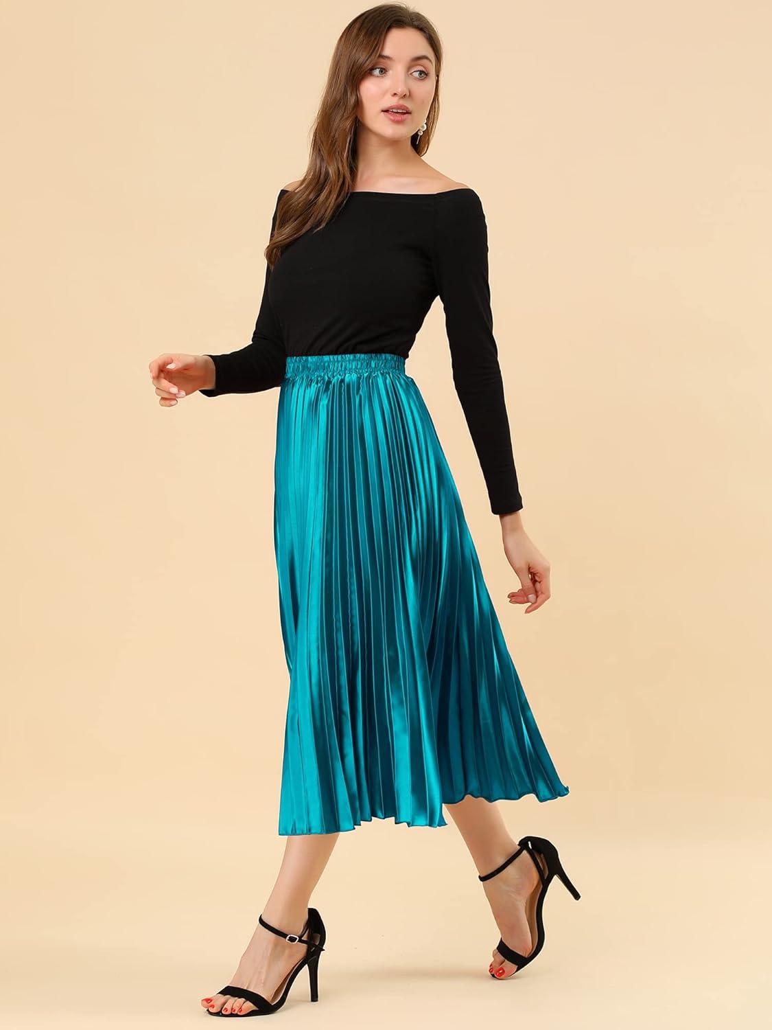 imageAllegra K Women Pleated Skirt Midi Length Elastic High Waisted A Line Metallic Shirring Party SkirtsPeacock Blue