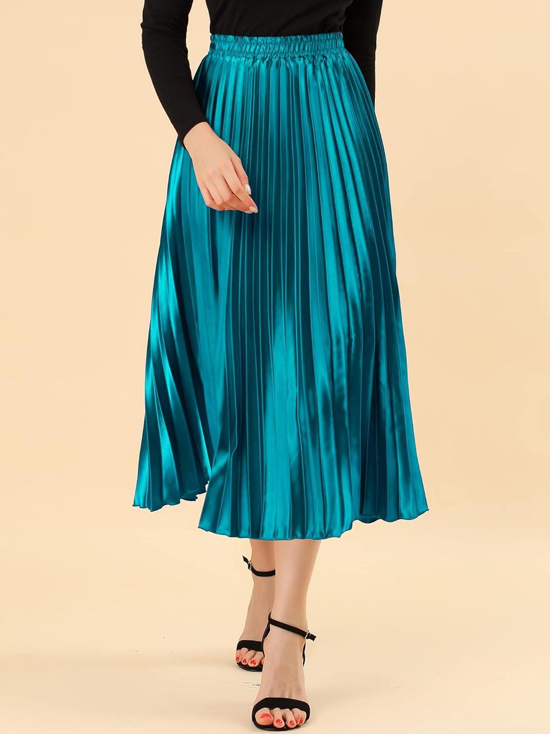 imageAllegra K Women Pleated Skirt Midi Length Elastic High Waisted A Line Metallic Shirring Party SkirtsPeacock Blue