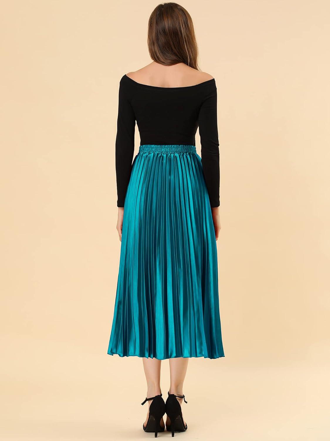 imageAllegra K Women Pleated Skirt Midi Length Elastic High Waisted A Line Metallic Shirring Party SkirtsPeacock Blue