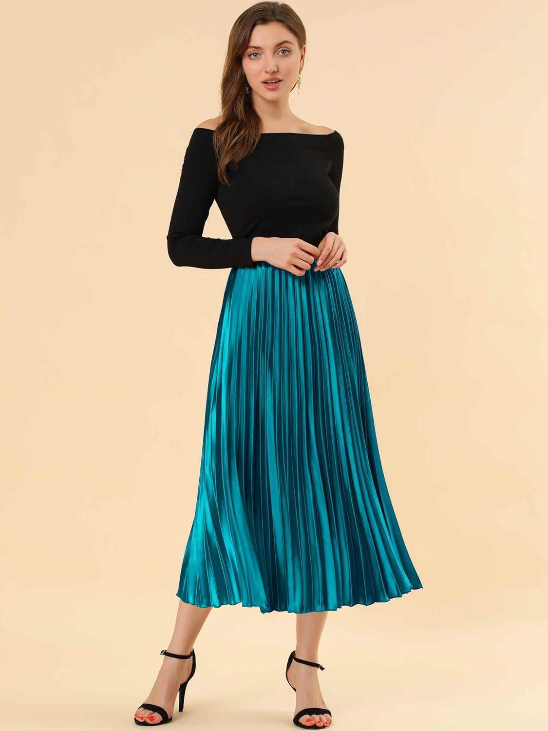 imageAllegra K Women Pleated Skirt Midi Length Elastic High Waisted A Line Metallic Shirring Party SkirtsPeacock Blue