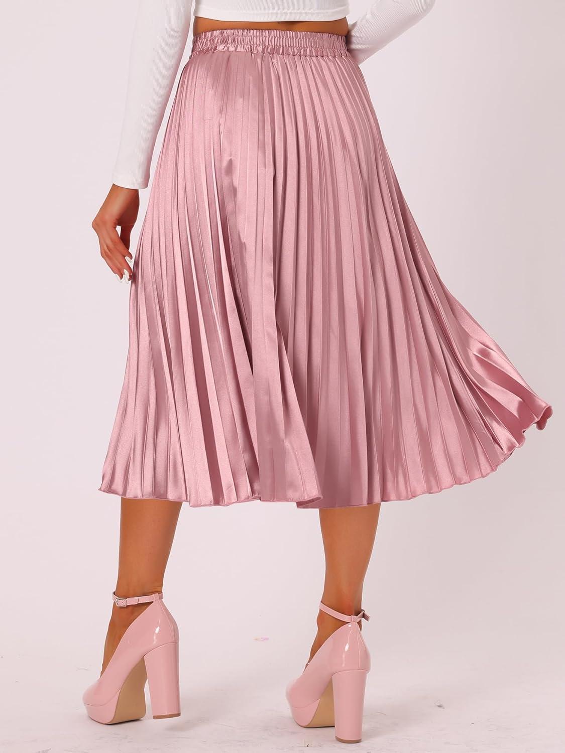 imageAllegra K Women Pleated Skirt Midi Length Elastic High Waisted A Line Metallic Shirring Party SkirtsPink1