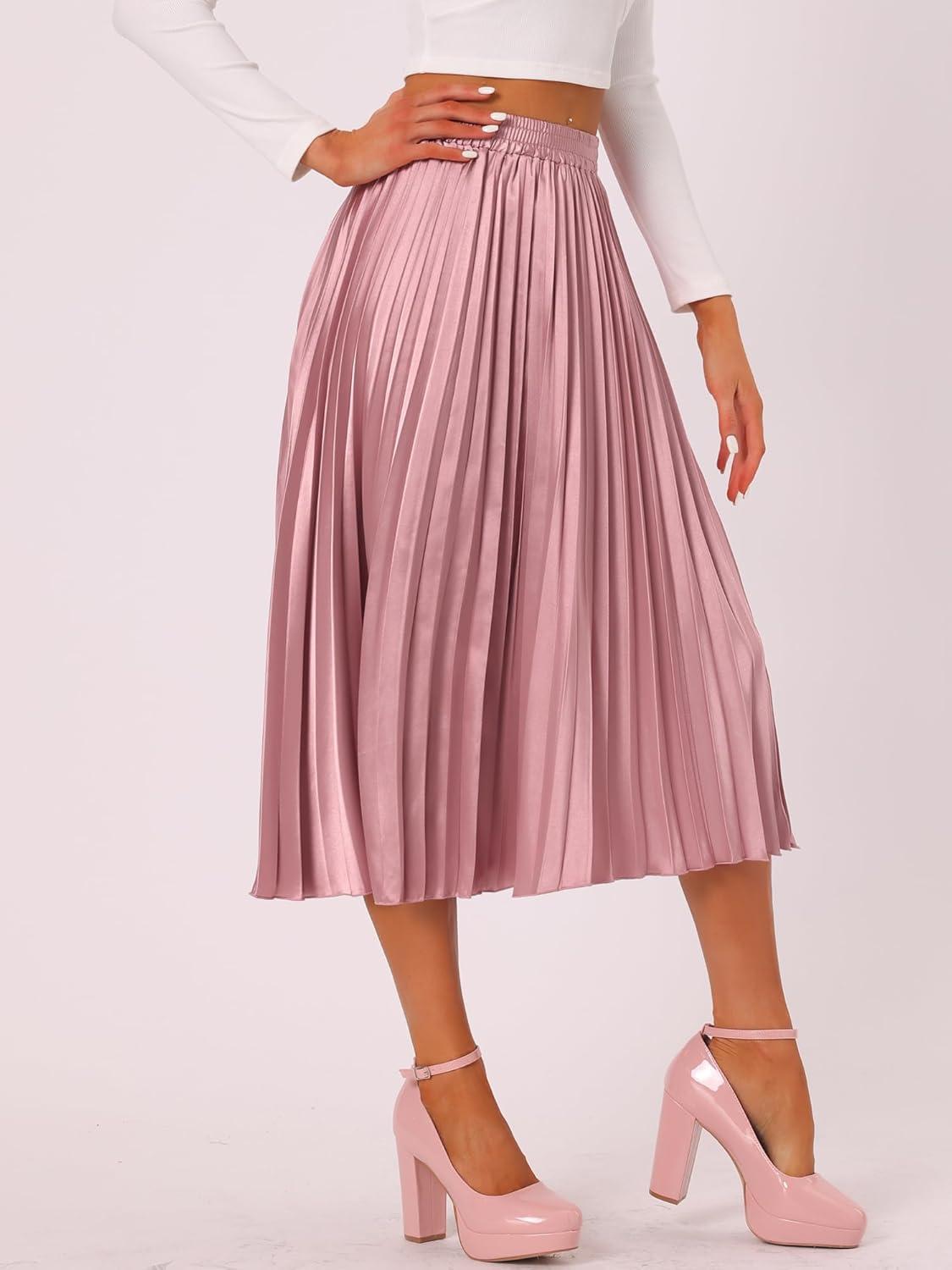 imageAllegra K Women Pleated Skirt Midi Length Elastic High Waisted A Line Metallic Shirring Party SkirtsPink1