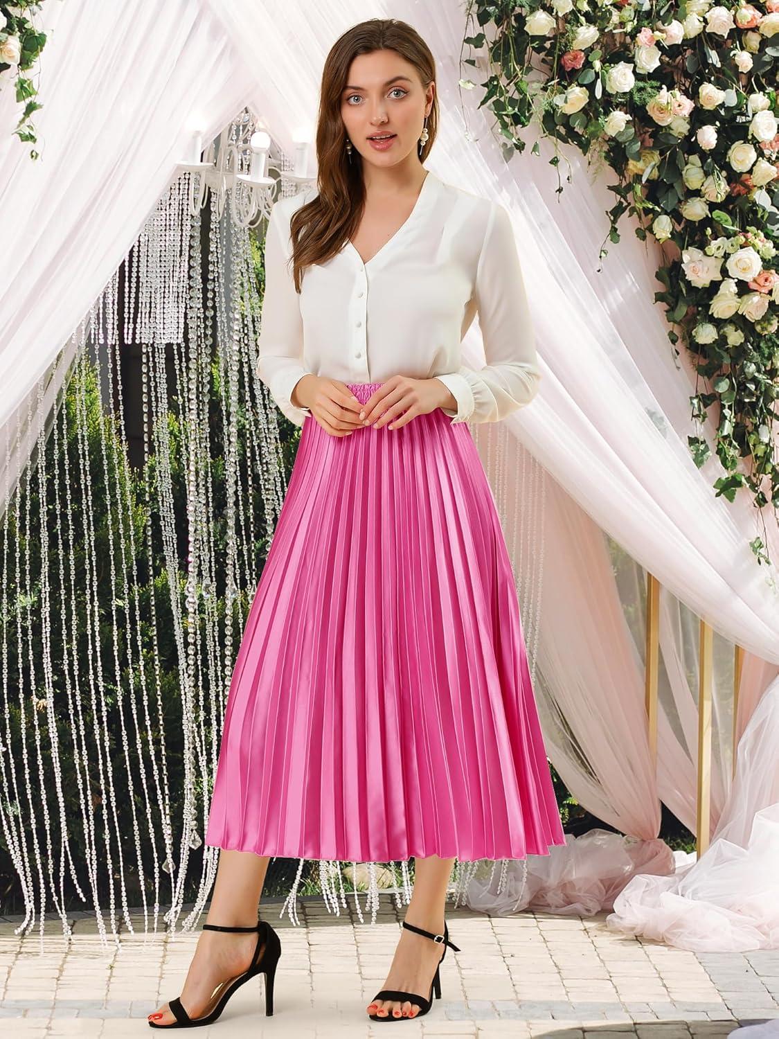 imageAllegra K Women Pleated Skirt Midi Length Elastic High Waisted A Line Metallic Shirring Party SkirtsRose Red