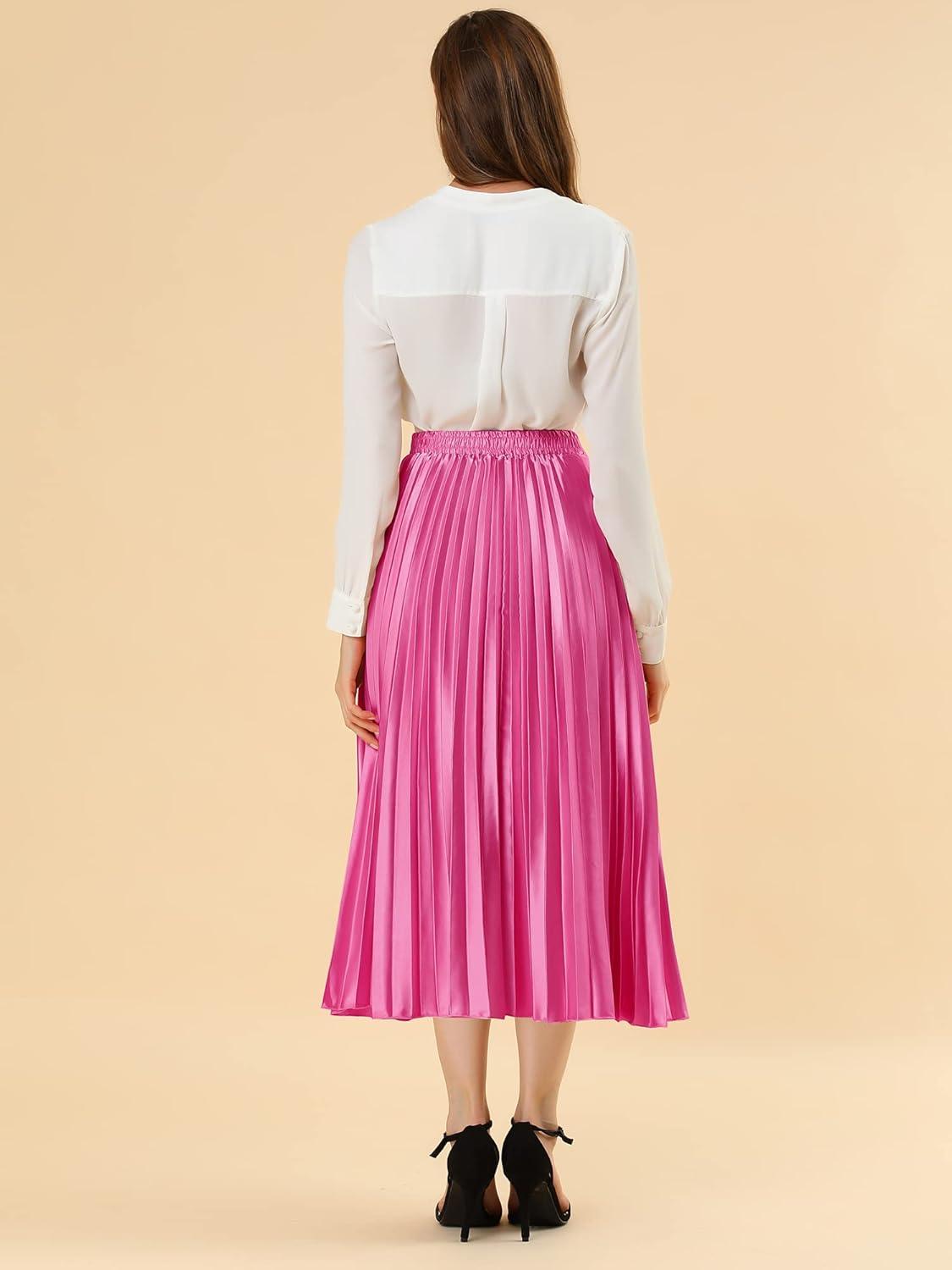 imageAllegra K Women Pleated Skirt Midi Length Elastic High Waisted A Line Metallic Shirring Party SkirtsRose Red