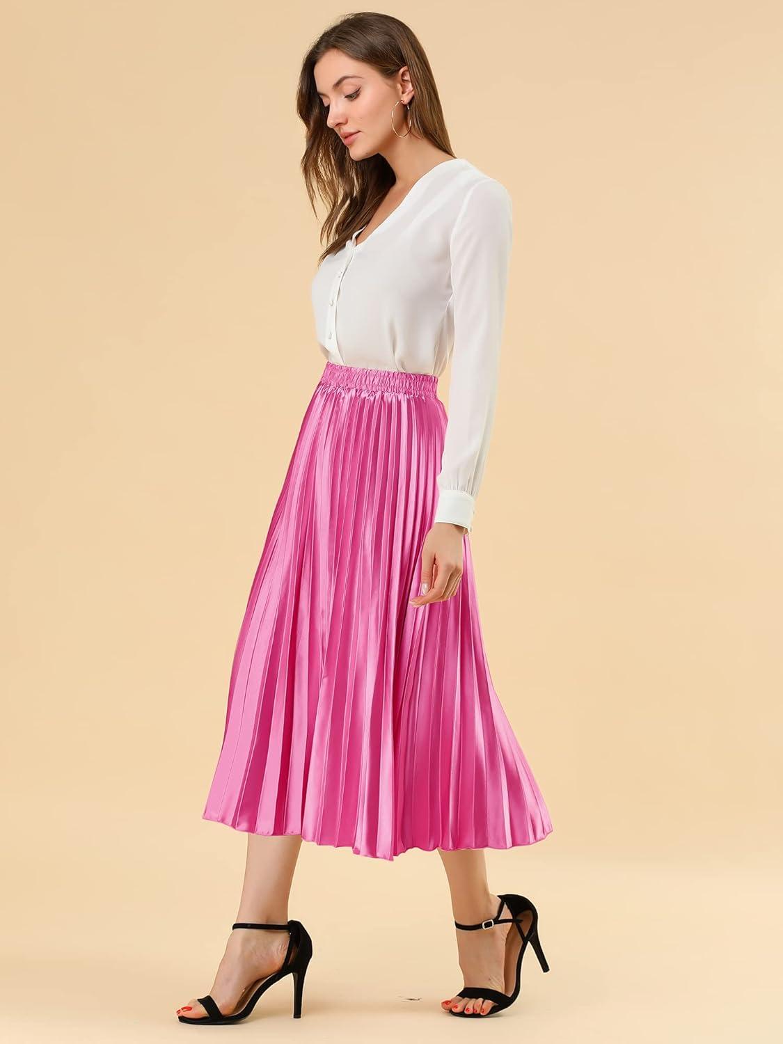 imageAllegra K Women Pleated Skirt Midi Length Elastic High Waisted A Line Metallic Shirring Party SkirtsRose Red