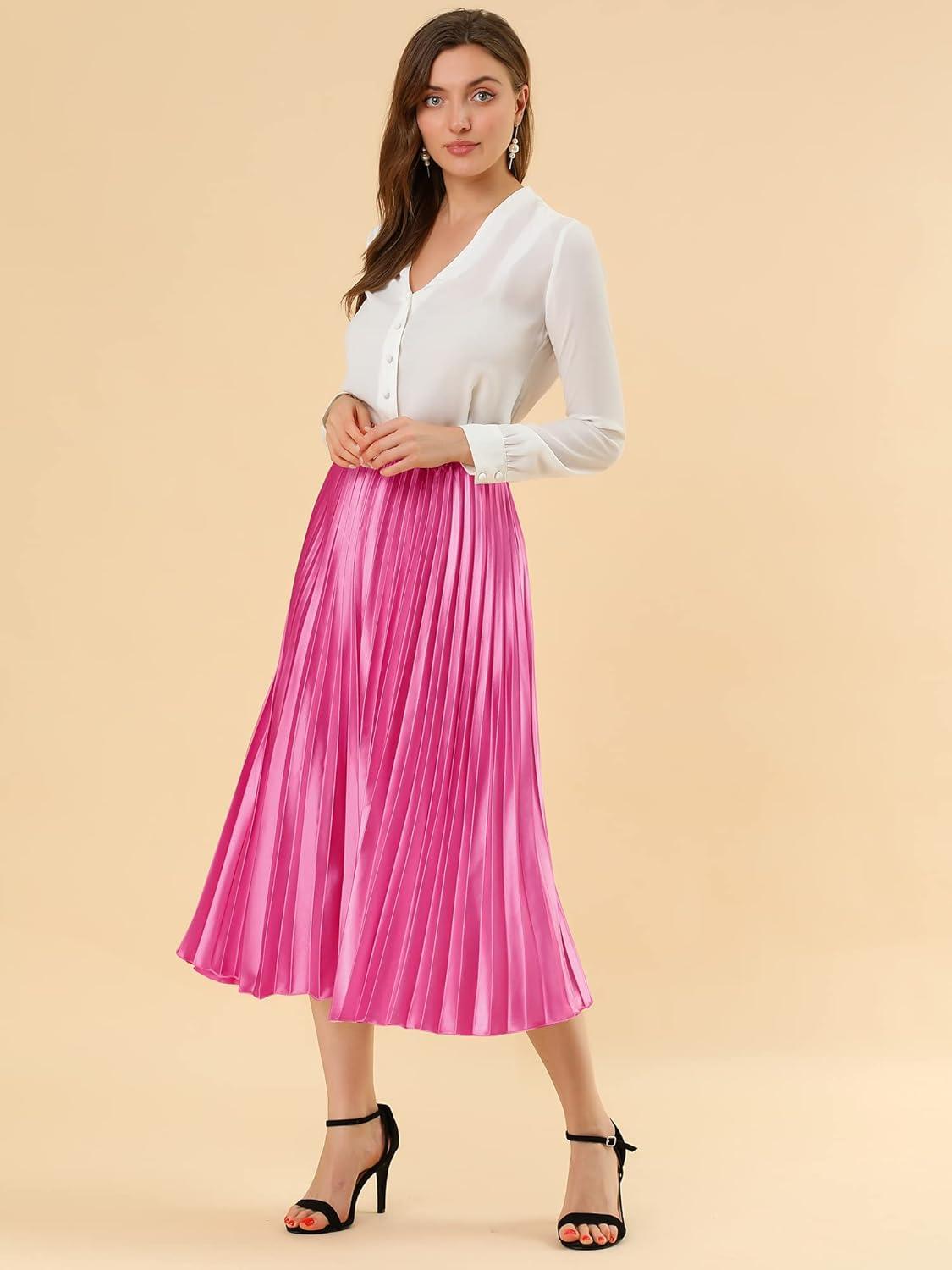 imageAllegra K Women Pleated Skirt Midi Length Elastic High Waisted A Line Metallic Shirring Party SkirtsRose Red