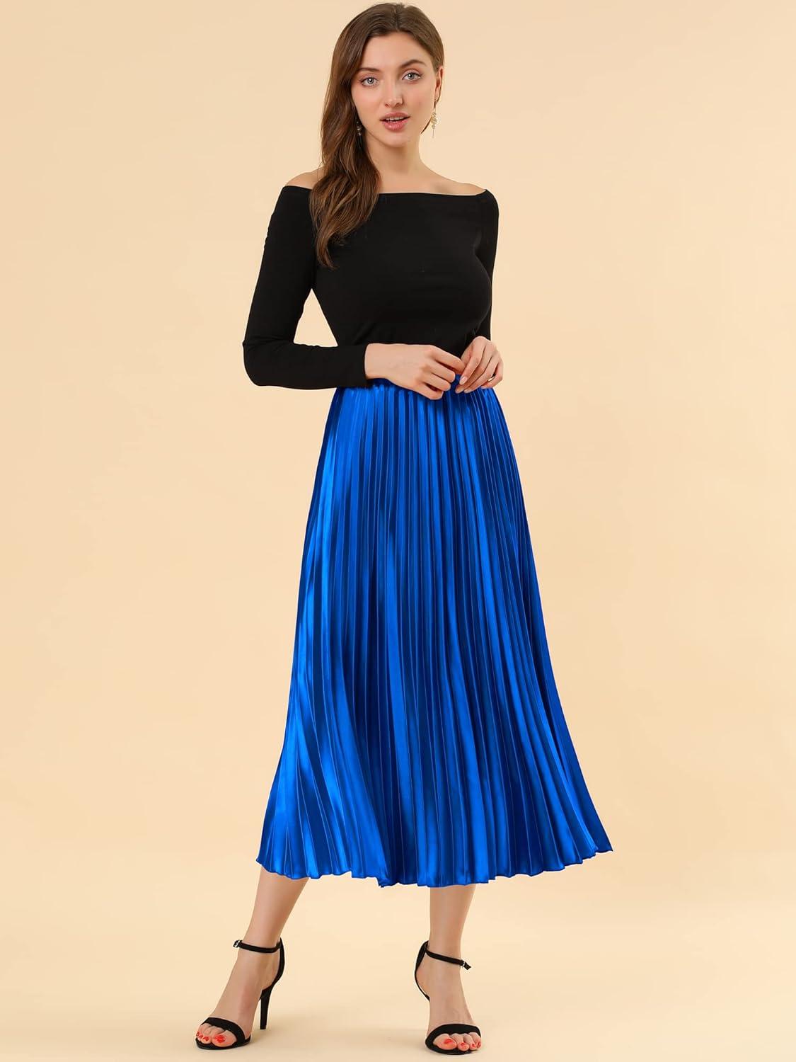 imageAllegra K Women Pleated Skirt Midi Length Elastic High Waisted A Line Metallic Shirring Party SkirtsRoyal Blue