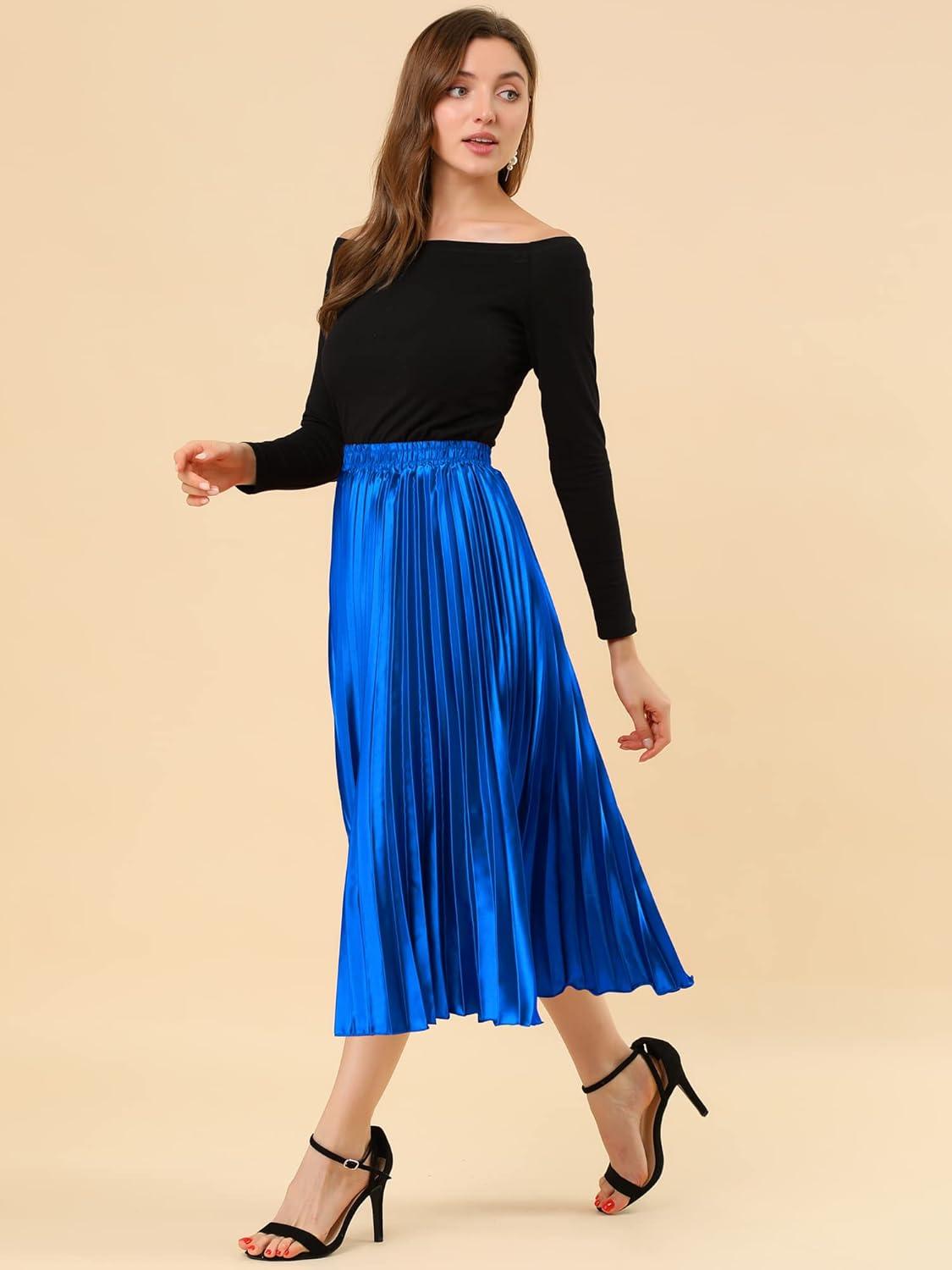 imageAllegra K Women Pleated Skirt Midi Length Elastic High Waisted A Line Metallic Shirring Party SkirtsRoyal Blue