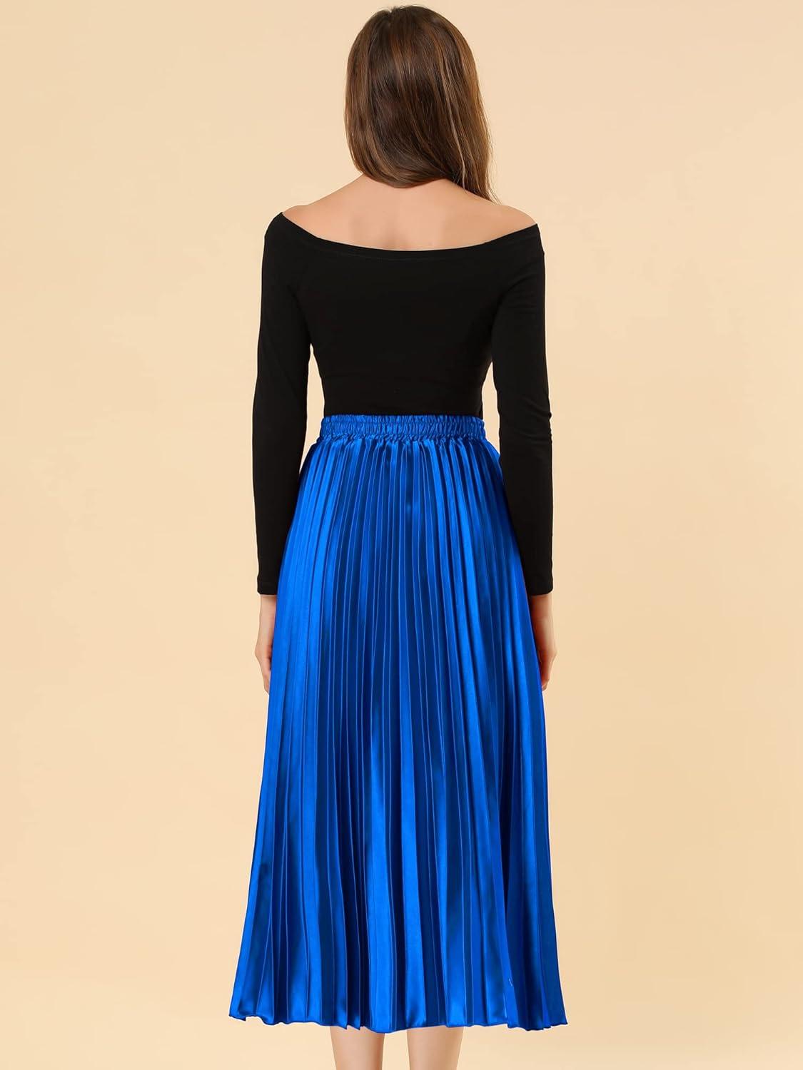 imageAllegra K Women Pleated Skirt Midi Length Elastic High Waisted A Line Metallic Shirring Party SkirtsRoyal Blue