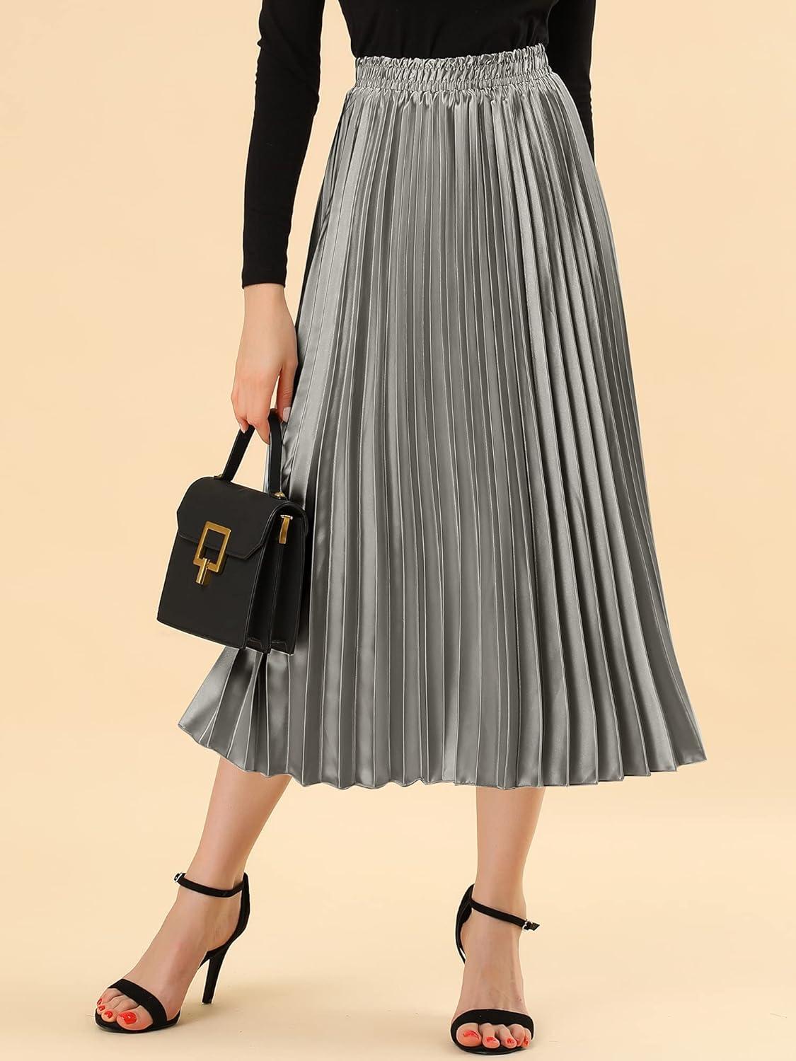 imageAllegra K Women Pleated Skirt Midi Length Elastic High Waisted A Line Metallic Shirring Party SkirtsSilver Grey