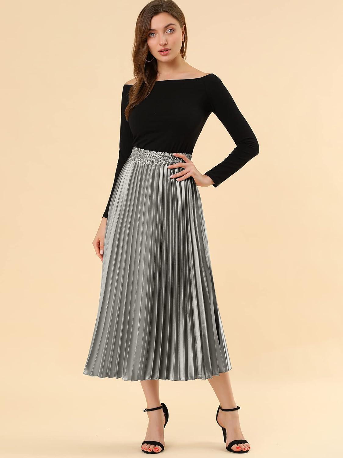 imageAllegra K Women Pleated Skirt Midi Length Elastic High Waisted A Line Metallic Shirring Party SkirtsSilver Grey