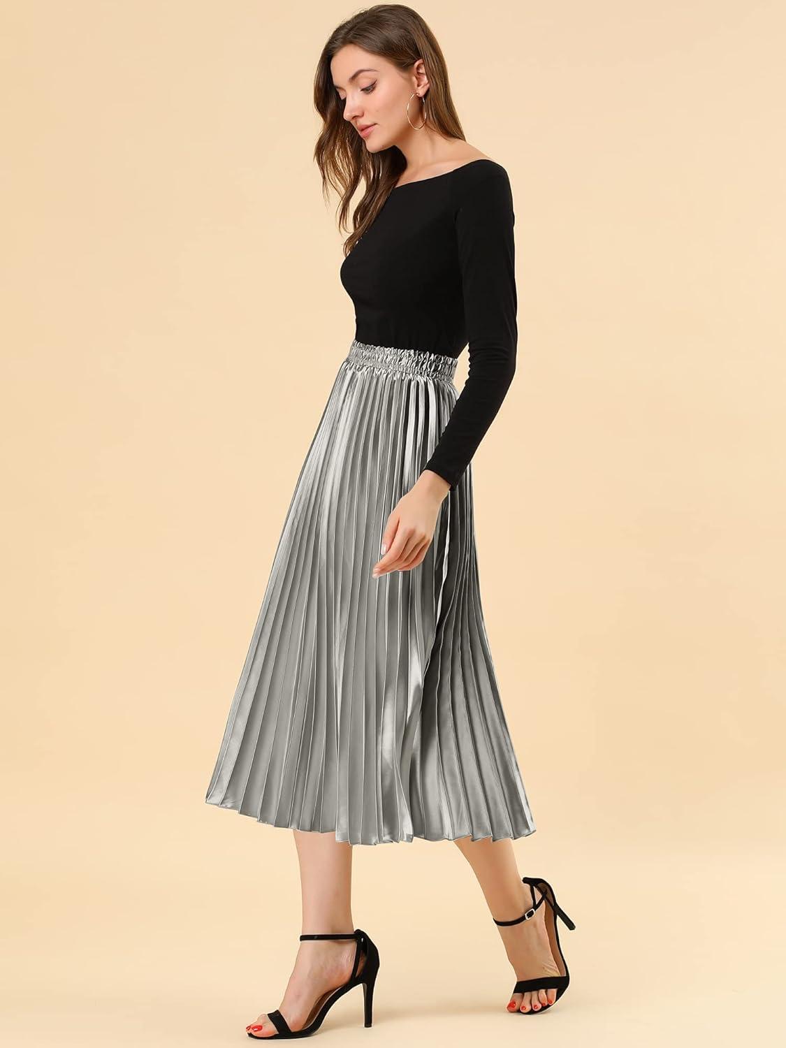 imageAllegra K Women Pleated Skirt Midi Length Elastic High Waisted A Line Metallic Shirring Party SkirtsSilver Grey