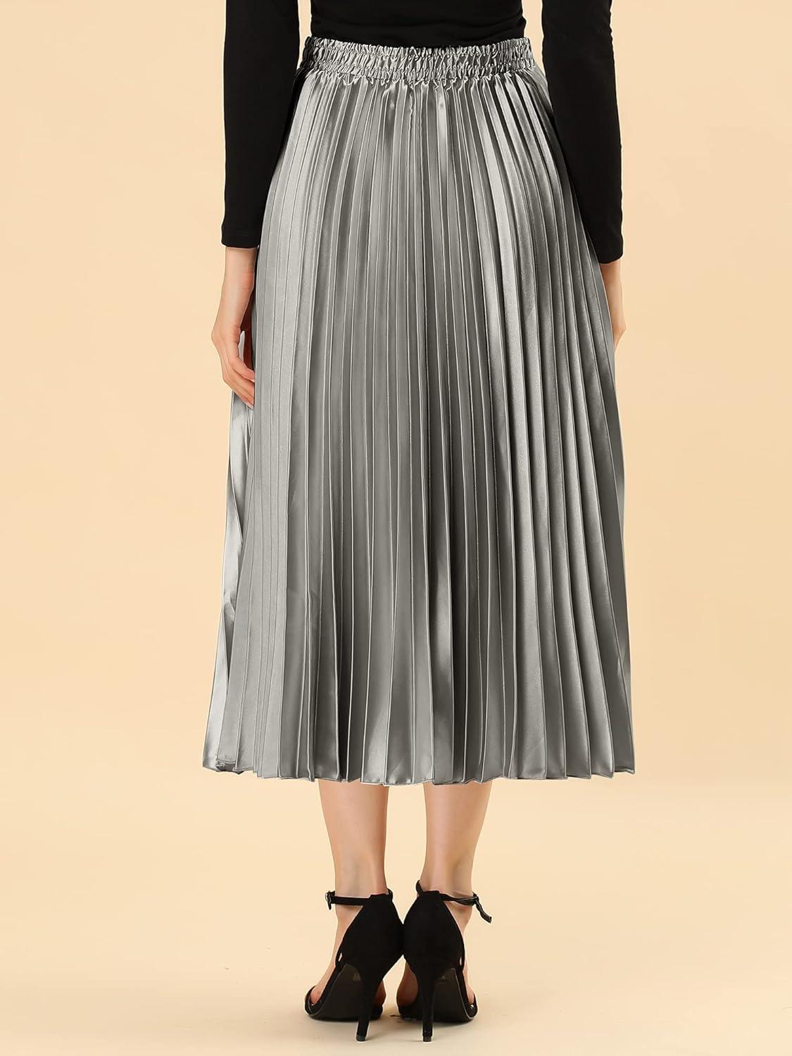 imageAllegra K Women Pleated Skirt Midi Length Elastic High Waisted A Line Metallic Shirring Party SkirtsSilver Grey