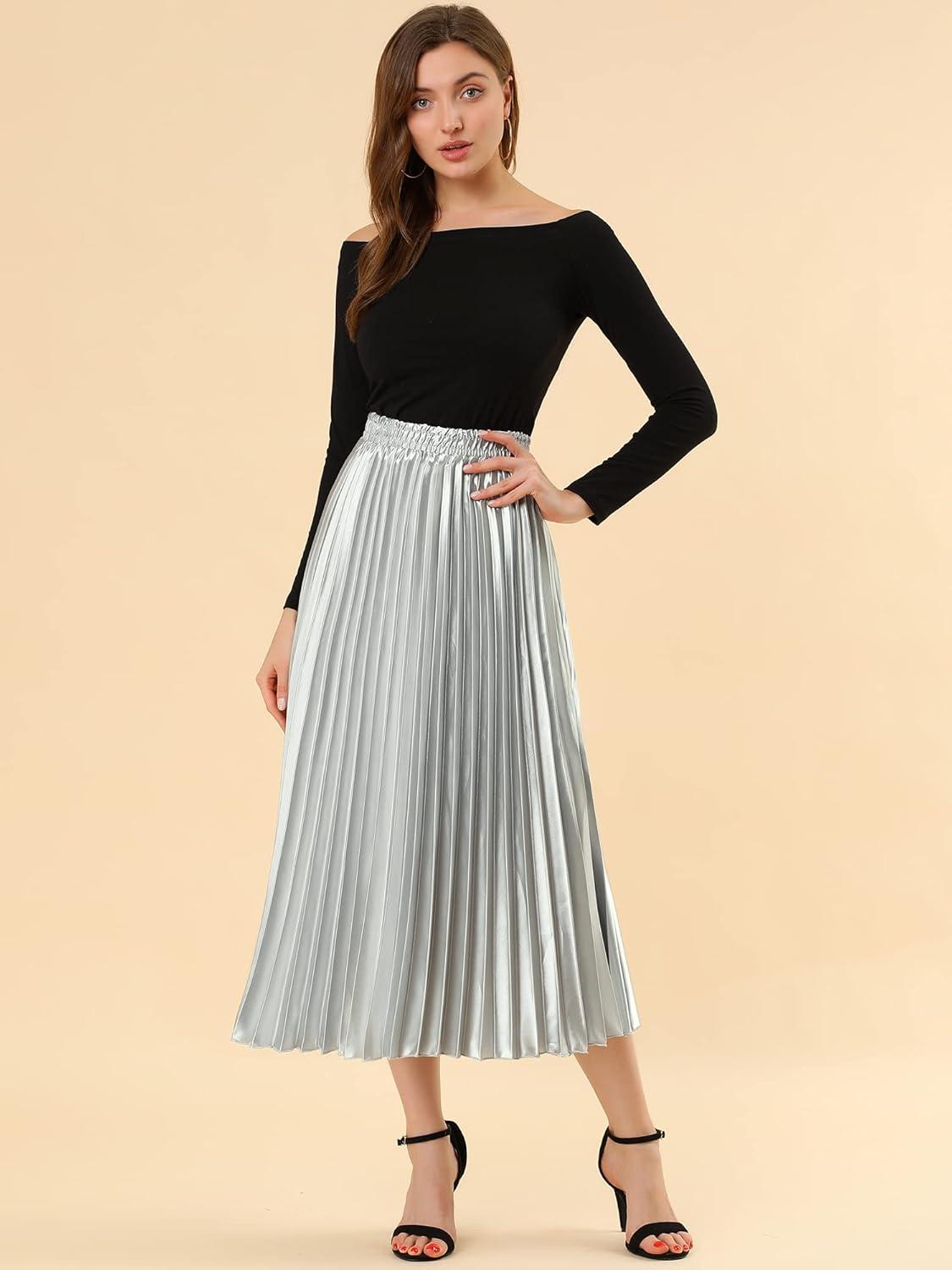 imageAllegra K Women Pleated Skirt Midi Length Elastic High Waisted A Line Metallic Shirring Party SkirtsSilver Tone