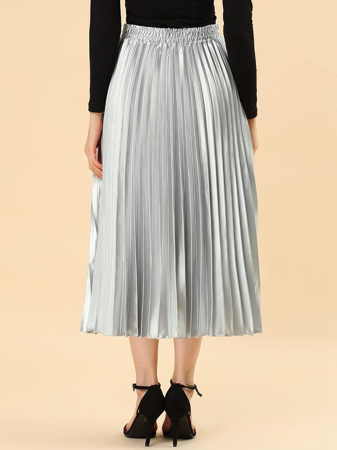 imageAllegra K Women Pleated Skirt Midi Length Elastic High Waisted A Line Metallic Shirring Party SkirtsSilver Tone