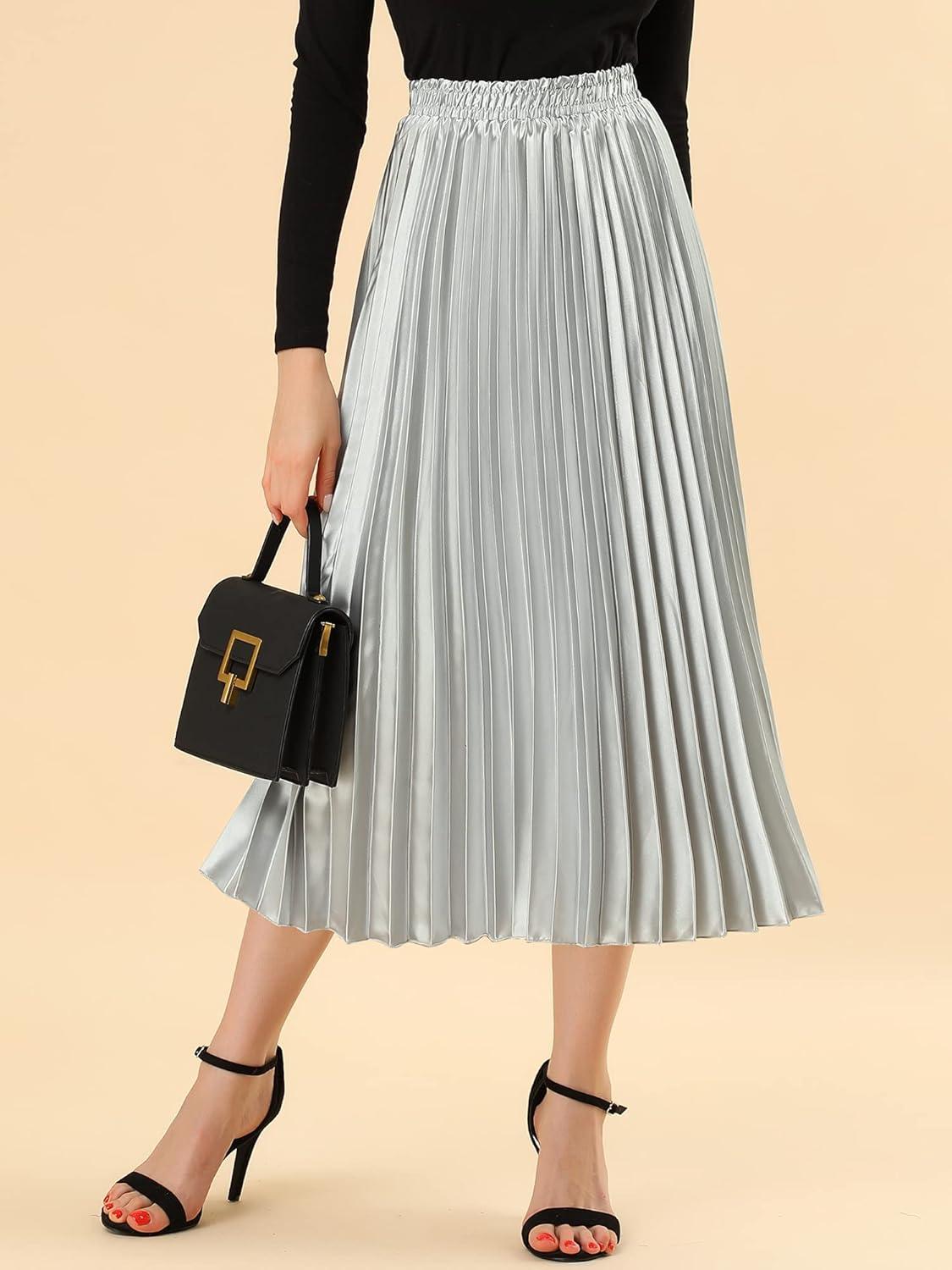 imageAllegra K Women Pleated Skirt Midi Length Elastic High Waisted A Line Metallic Shirring Party SkirtsSilver Tone
