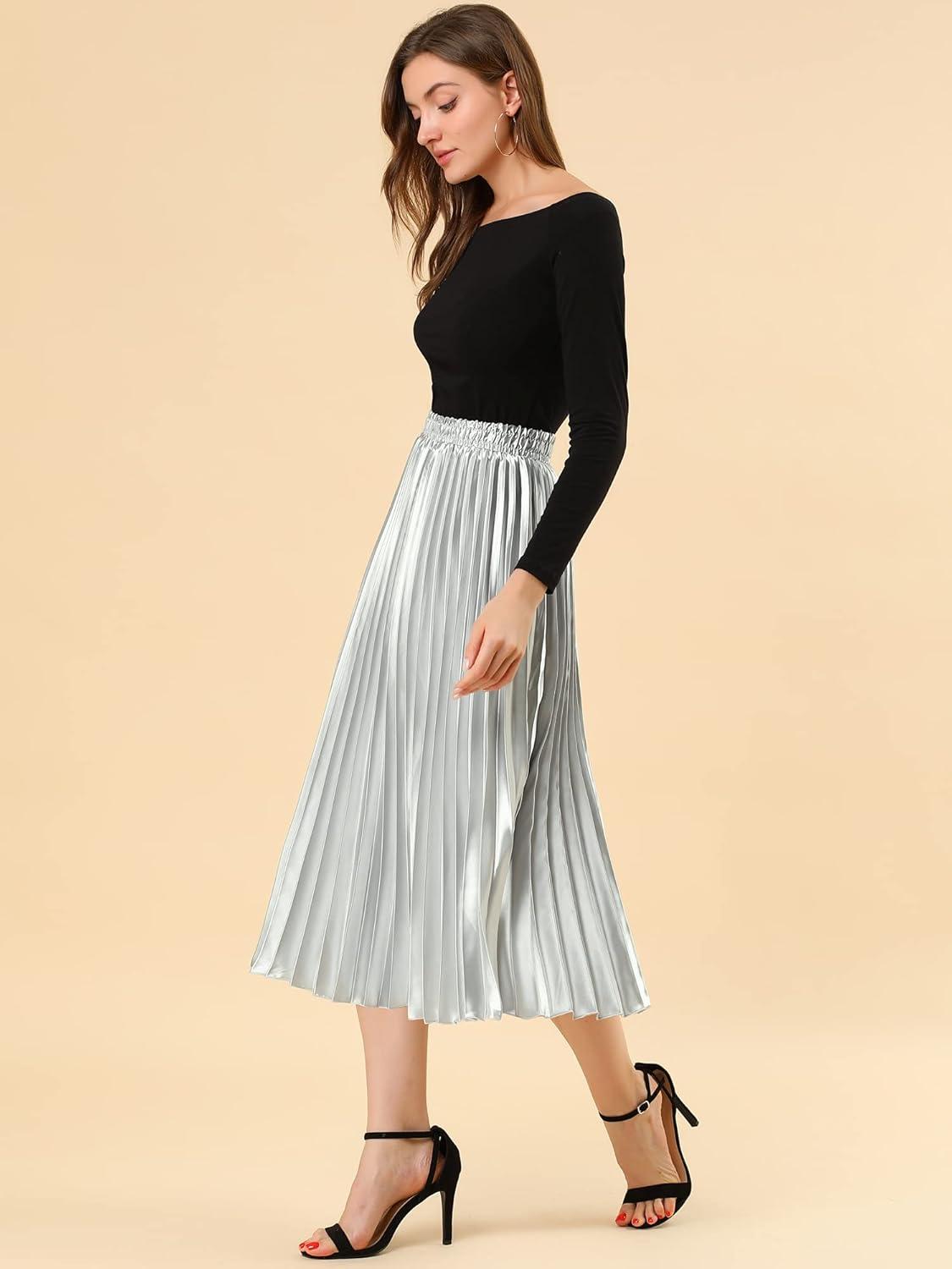 imageAllegra K Women Pleated Skirt Midi Length Elastic High Waisted A Line Metallic Shirring Party SkirtsSilver Tone