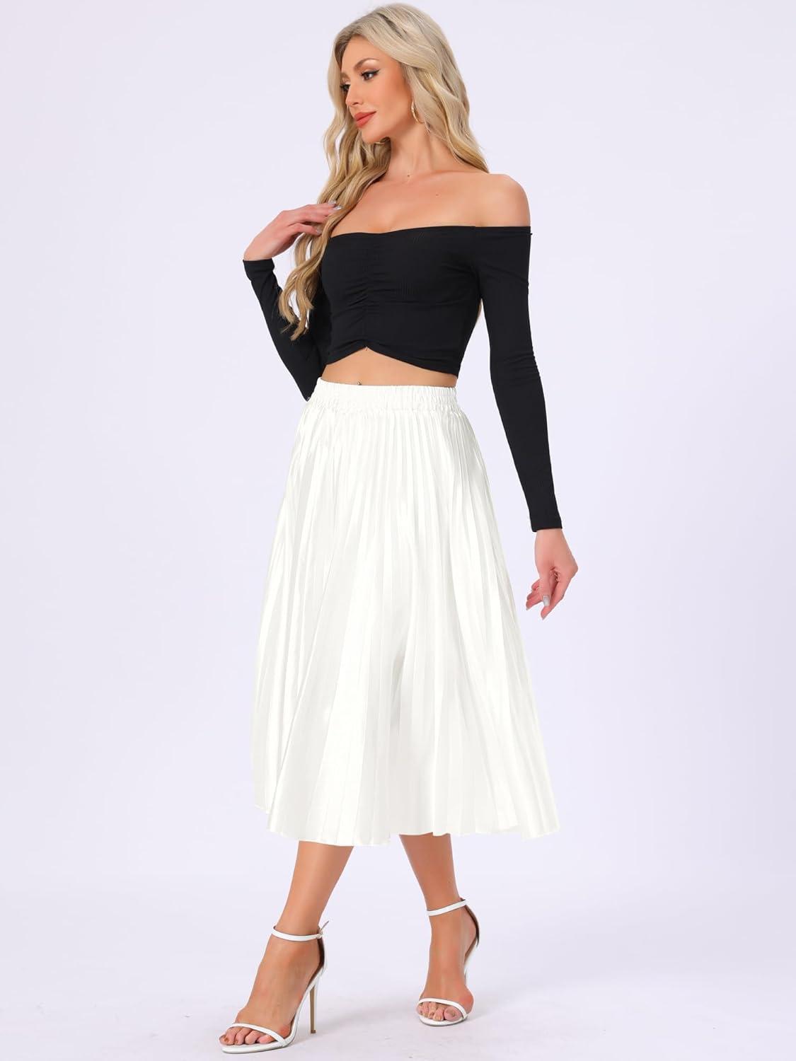 imageAllegra K Women Pleated Skirt Midi Length Elastic High Waisted A Line Metallic Shirring Party SkirtsWhite