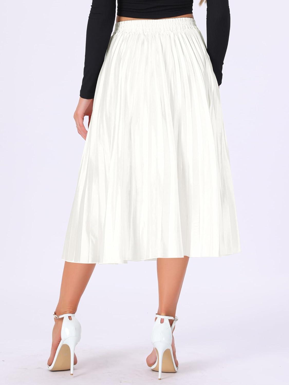 imageAllegra K Women Pleated Skirt Midi Length Elastic High Waisted A Line Metallic Shirring Party SkirtsWhite