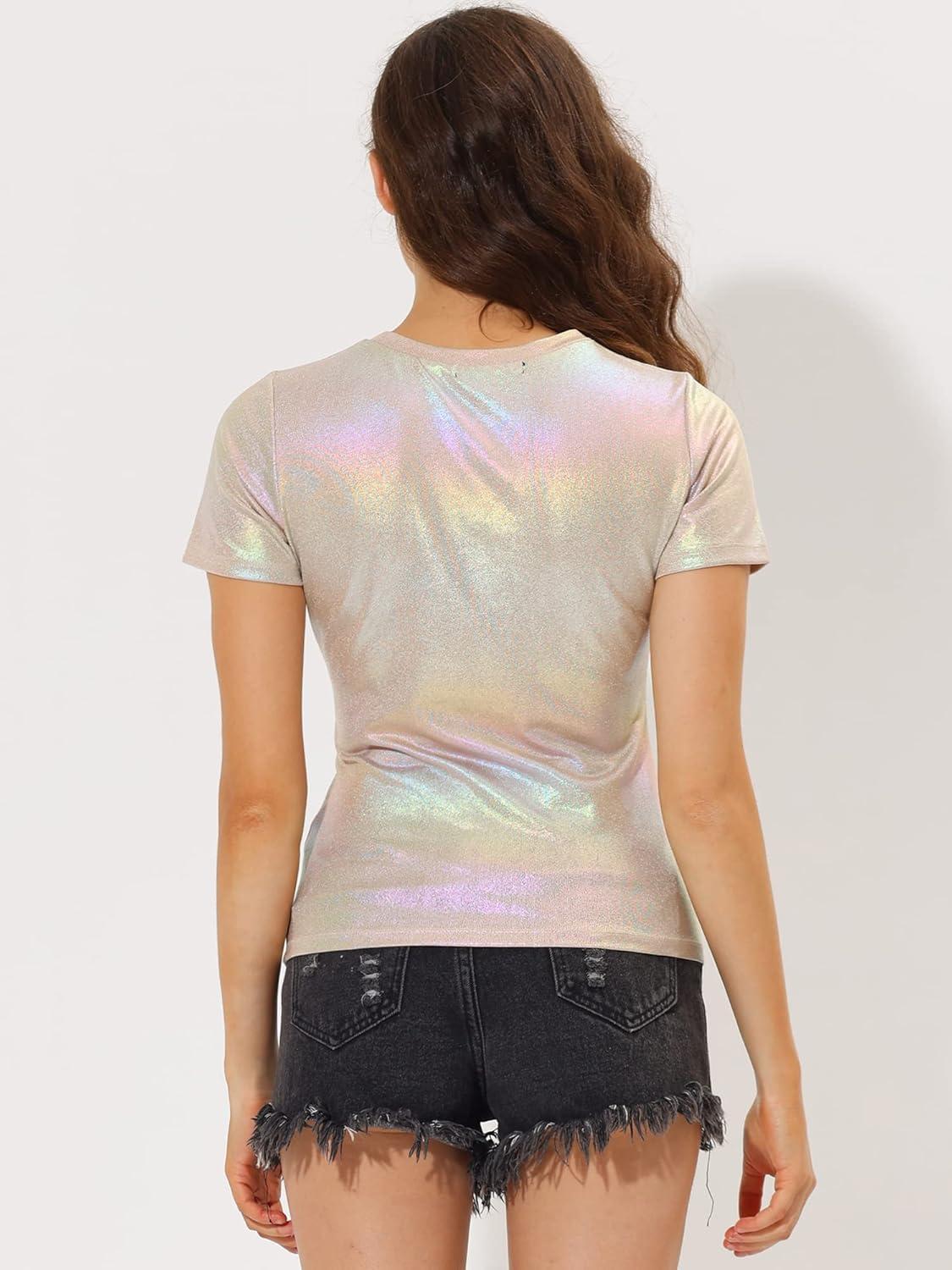 imageAllegra K Womens 80s Disco Outfit Party Club Sparkly Rainbow Metallic TopBeige